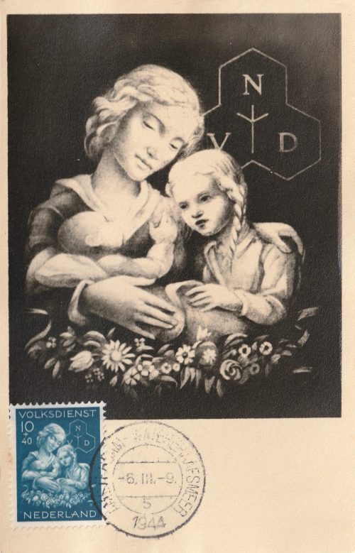 (Postcard) Nederlandsche Volksdienst (NVD) + first day stamp