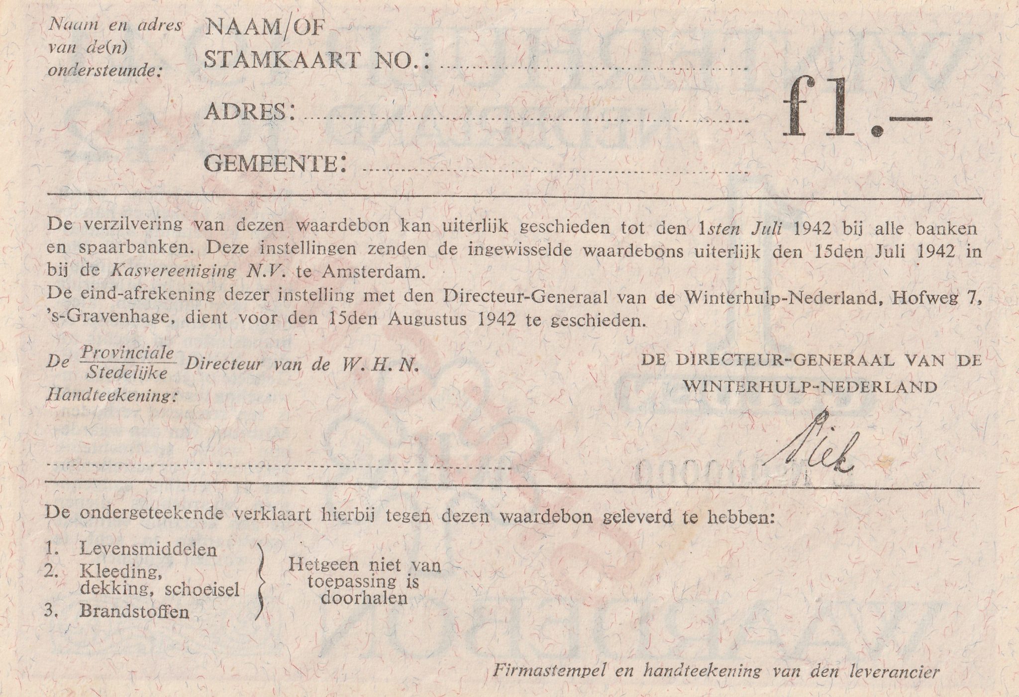 Winterhulp Nederland 1941-1942 (WHN) 1 Gulden Waardebon (Specimen) (2) Winterhulp Nederland 1941-1942 (WHN) 1 Gulden Waardebon (Specimen)