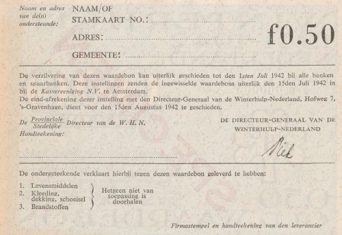 Winterhulp Nederland 1940-1941 (WHN) 0,50 Gulden Waardebon (Specimen)