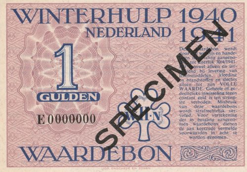 Winterhulp Nederland 1940-1941 (WHN) 1 Gulden Waardebon (Specimen)