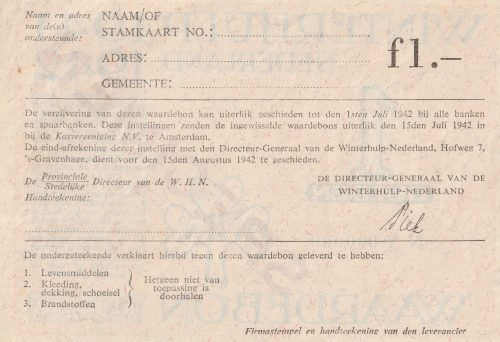 Winterhulp Nederland 1940-1941 (WHN) 1 Gulden Waardebon (Specimen)