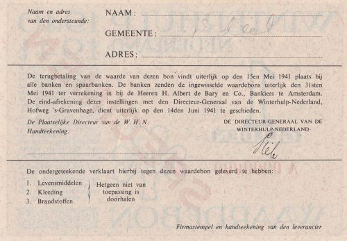 Winterhulp Nederland 1940-1941 (WHN) 1 Gulden Waardebon (Specimen)