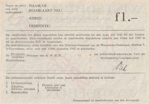 Winterhulp Nederland 1940-1941 (WHN) 1 Gulden Waardebon (Specimen)