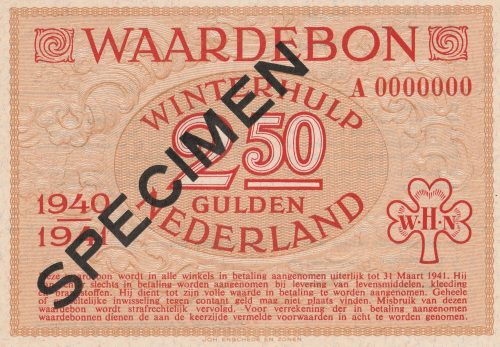 Winterhulp Nederland 1940-1941 (WHN) 2,50 Gulden Waardebon (Specimen)