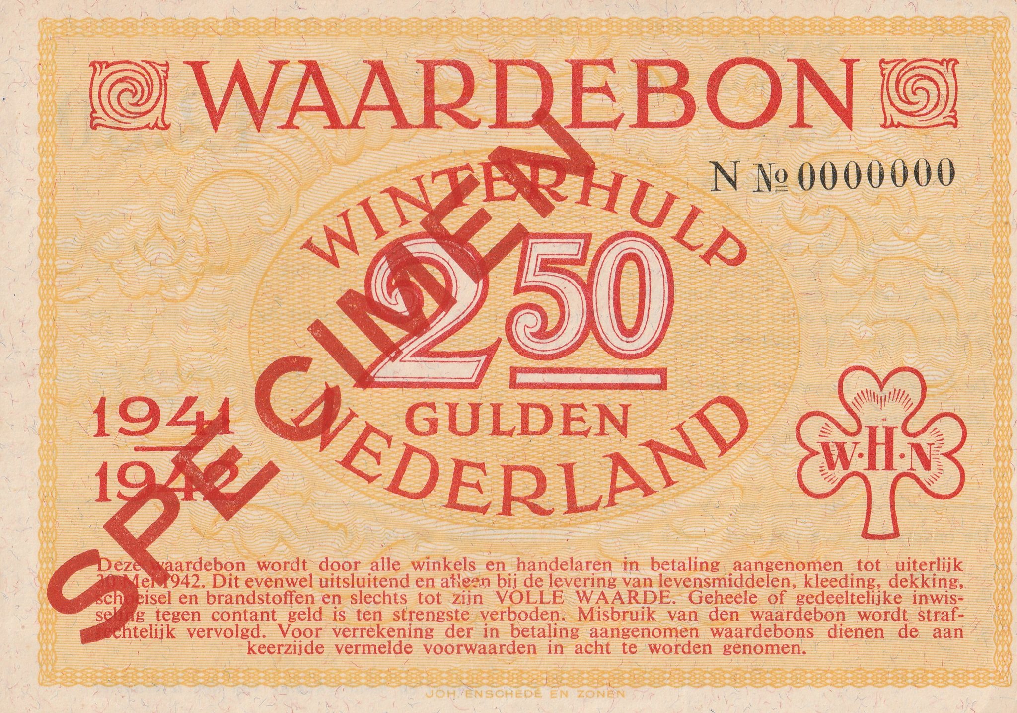 Winterhulp Nederland 1940-1941 (WHN) 2,50 Gulden Waardebon (Specimen)