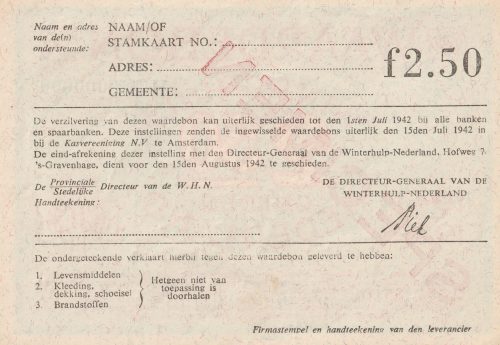 Winterhulp Nederland 1940-1941 (WHN) 2,50 Gulden Waardebon (Specimen)