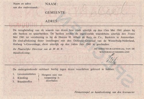 Winterhulp Nederland 1940-1941 (WHN) 2,50 Gulden Waardebon (Specimen)