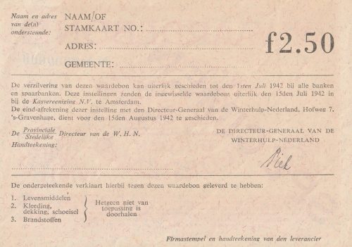 Winterhulp Nederland 1940-1941 (WHN) 2,50 Gulden Waardebon (Specimen)