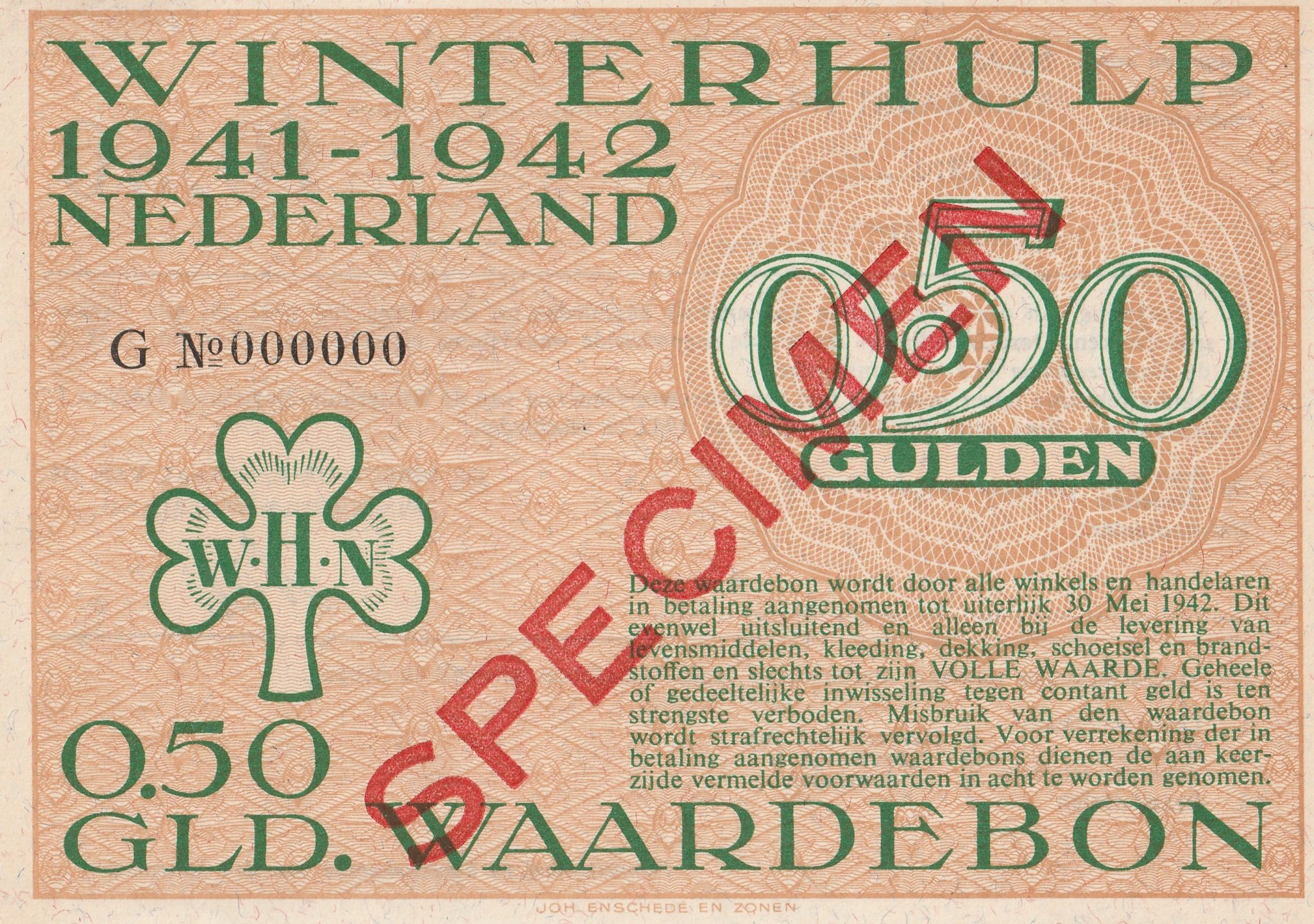 Winterhulp Nederland 1941-1942 (WHN) 0,50 Gulden Waardebon (Specimen)