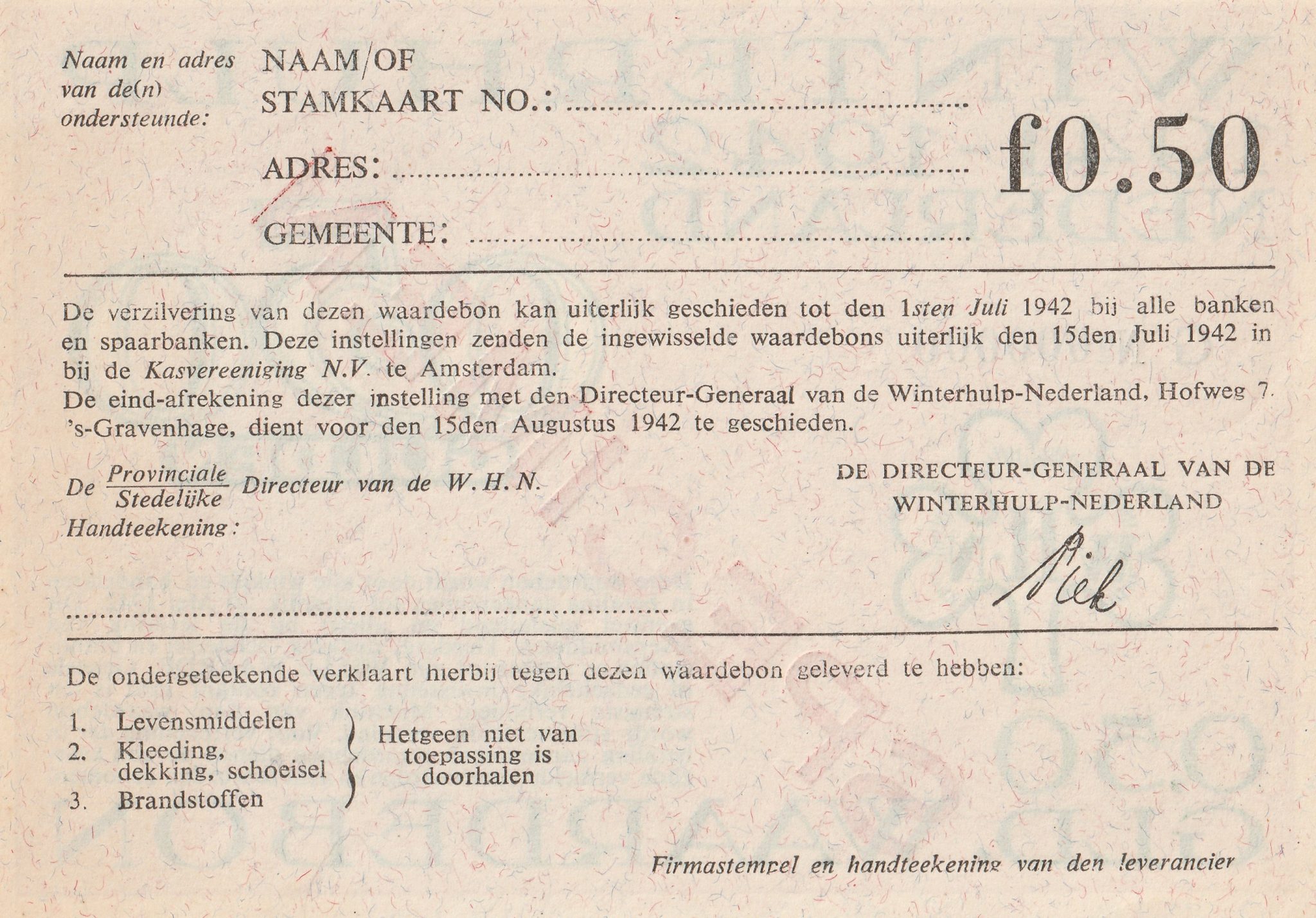 Winterhulp Nederland 1941-1942 (WHN) 0,50 Gulden Waardebon (Specimen) (2) Winterhulp Nederland 1941-1942 (WHN) 0,50 Gulden Waardebon (Specimen)