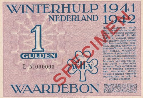 Winterhulp Nederland 1941-1942 (WHN) 1 Gulden Waardebon (Specimen)