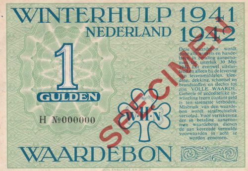 Winterhulp Nederland 1941-1942 (WHN) 1 Gulden Waardebon (Specimen)