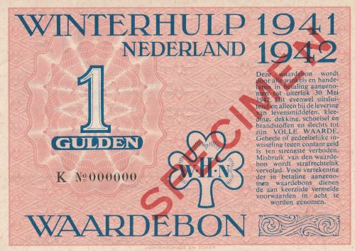 Winterhulp Nederland 1941-1942 (WHN) 1 Gulden Waardebon (Specimen)