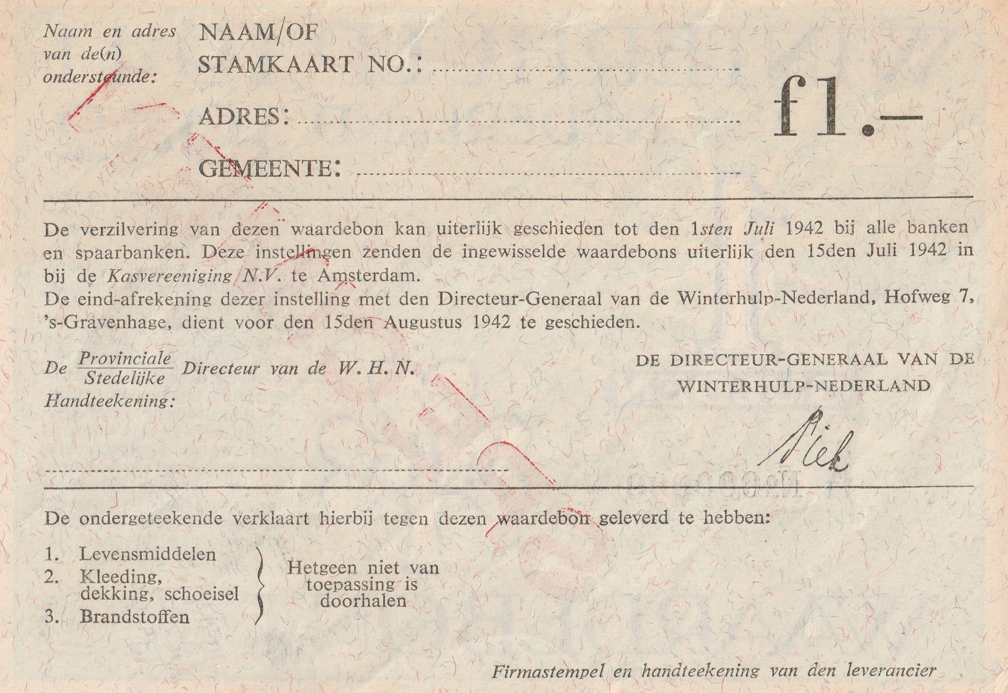 Winterhulp Nederland 1941-1942 (WHN) 1 Gulden Waardebon (Specimen) (2) Winterhulp Nederland 1941-1942 (WHN) 1 Gulden Waardebon (Specimen)