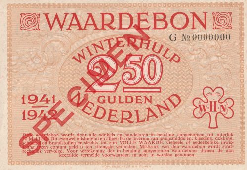 Winterhulp Nederland 1941-1942 (WHN) 2,50 Gulden Waardebon (Specimen)