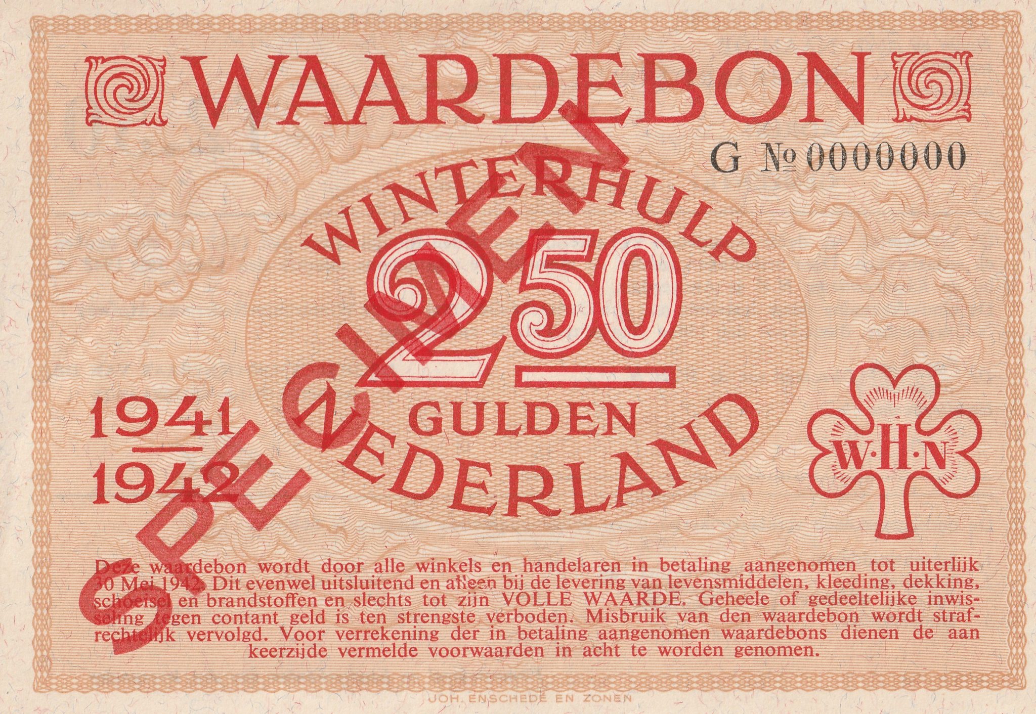 Winterhulp Nederland 1941-1942 (WHN) 2,50 Gulden Waardebon (Specimen)