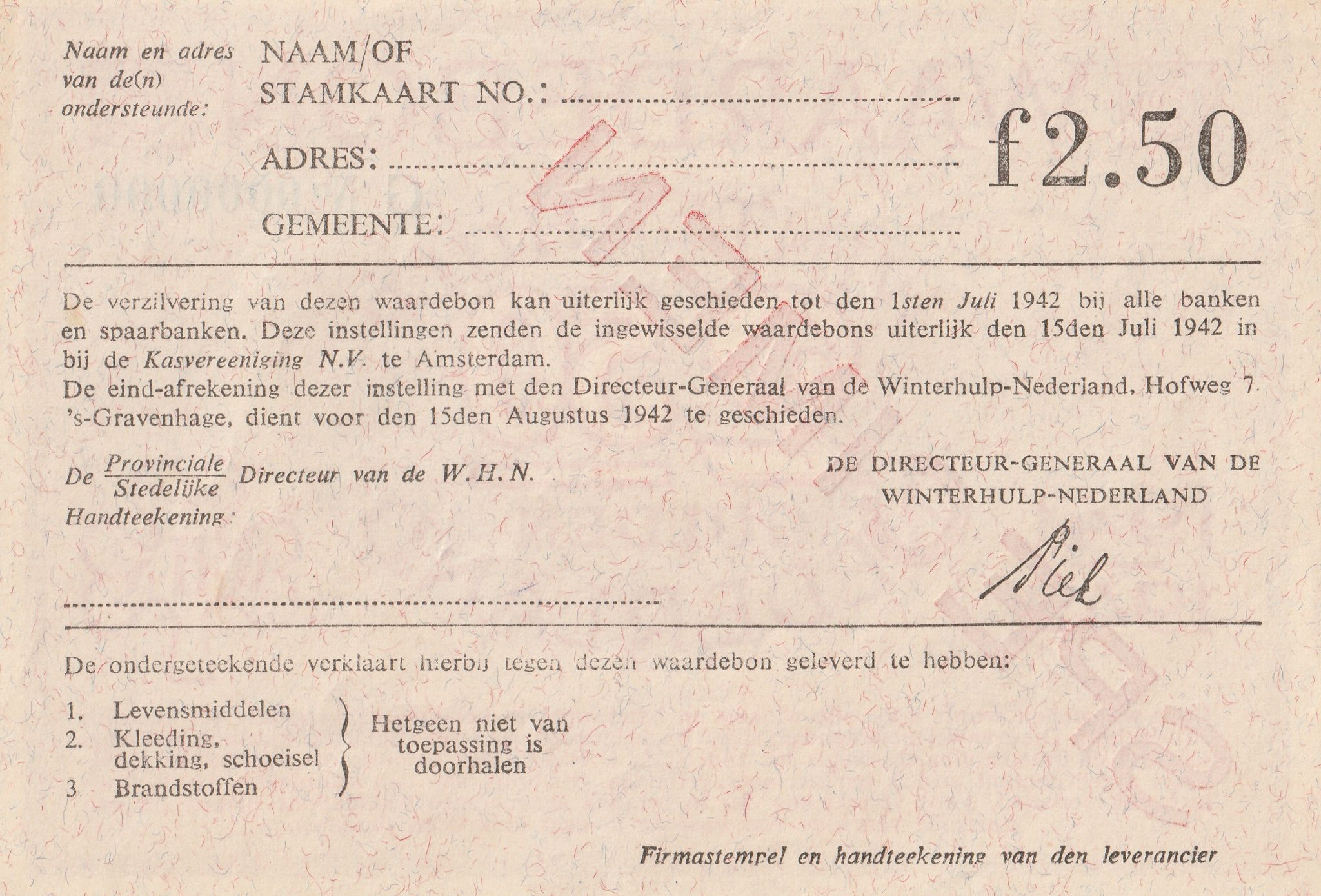 Winterhulp Nederland 1941-1942 (WHN) 2,50 Gulden Waardebon (Specimen) (2) Winterhulp Nederland 1941-1942 (WHN) 2,50 Gulden Waardebon (Specimen)