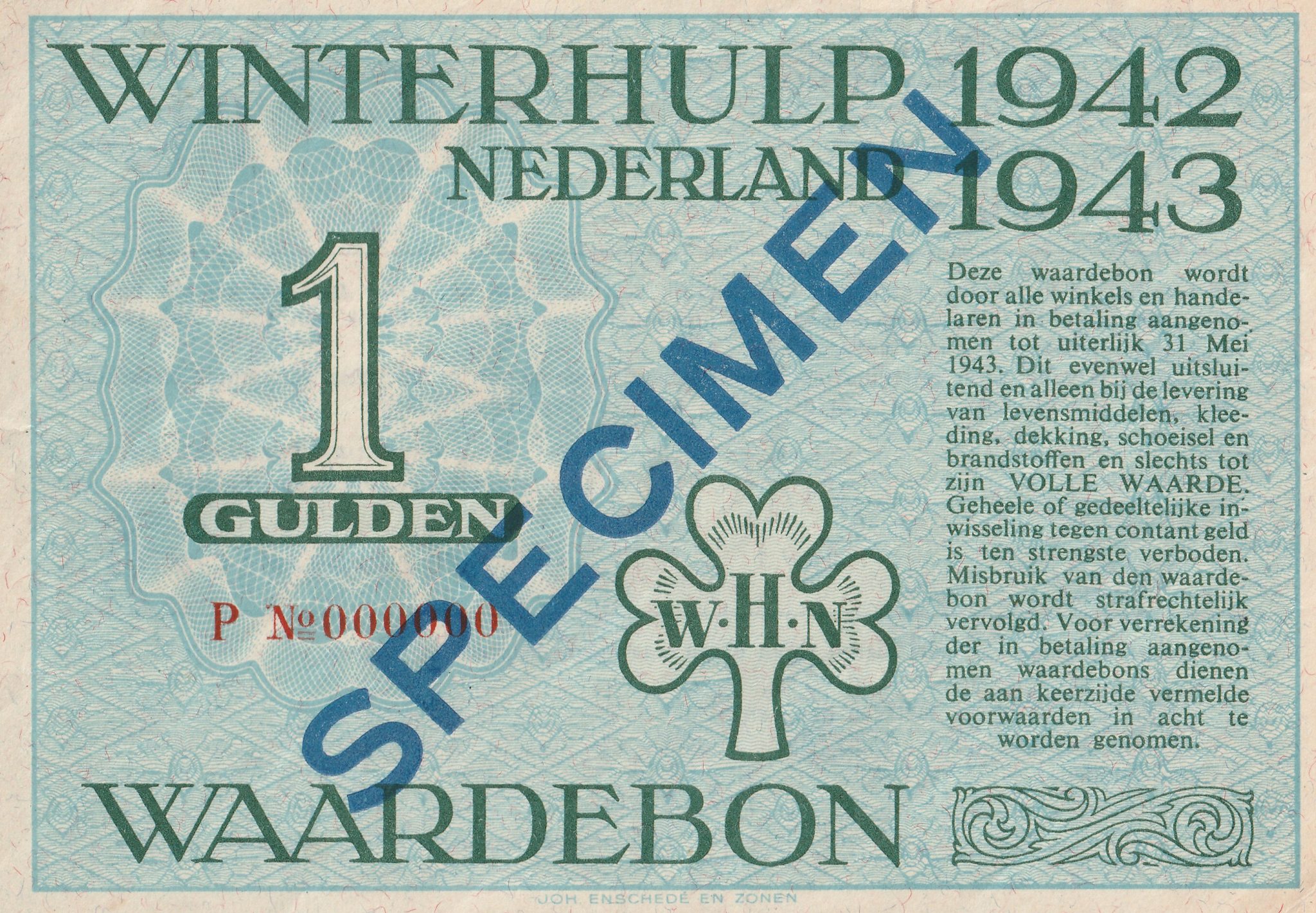Winterhulp Nederland 1942-1943 (WHN) 1 Gulden Waardebon (Specimen)