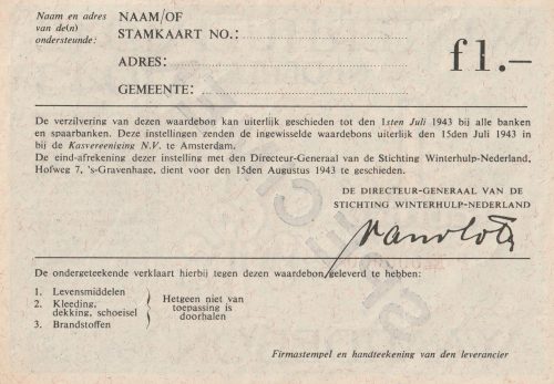 Winterhulp Nederland 1942-1943 (WHN) 1 Gulden Waardebon (Specimen)