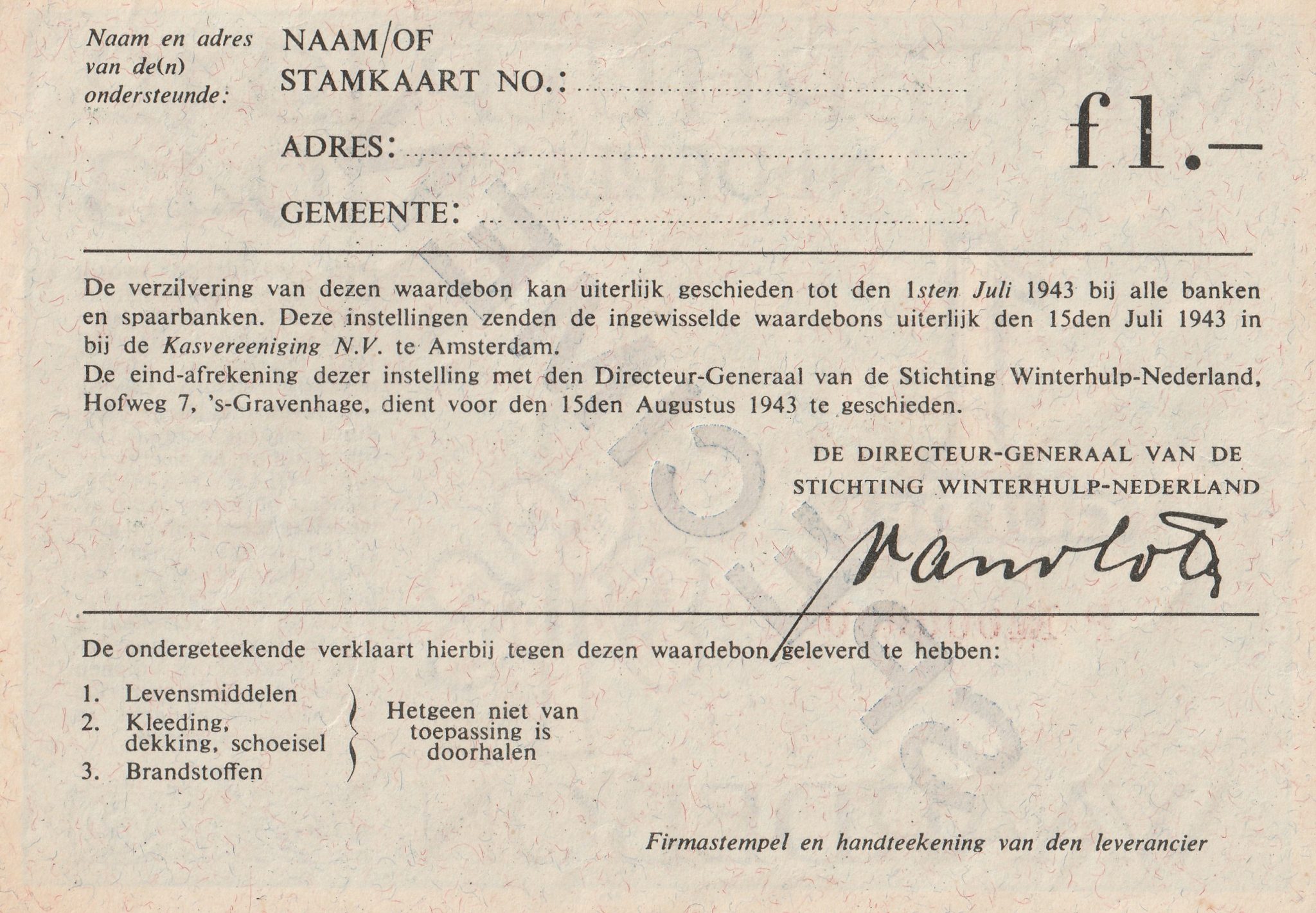 Winterhulp Nederland 1942-1943 (WHN) 1 Gulden Waardebon (Specimen) (2) Winterhulp Nederland 1942-1943 (WHN) 1 Gulden Waardebon (Specimen)