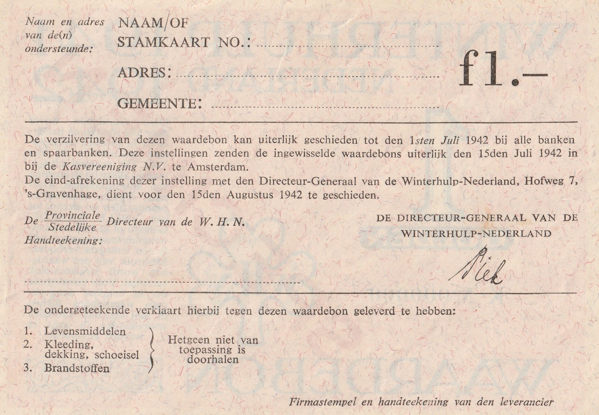 Winterhulp Nederland 1941-1942 (WHN) 1 Gulden Waardebon (Specimen) (2) Winterhulp Nederland 1941-1942 (WHN) 1 Gulden Waardebon (Specimen)