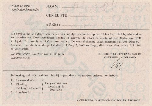Winterhulp Nederland 1940-1941 (WHN) 0,50 Gulden Waardebon (Specimen)