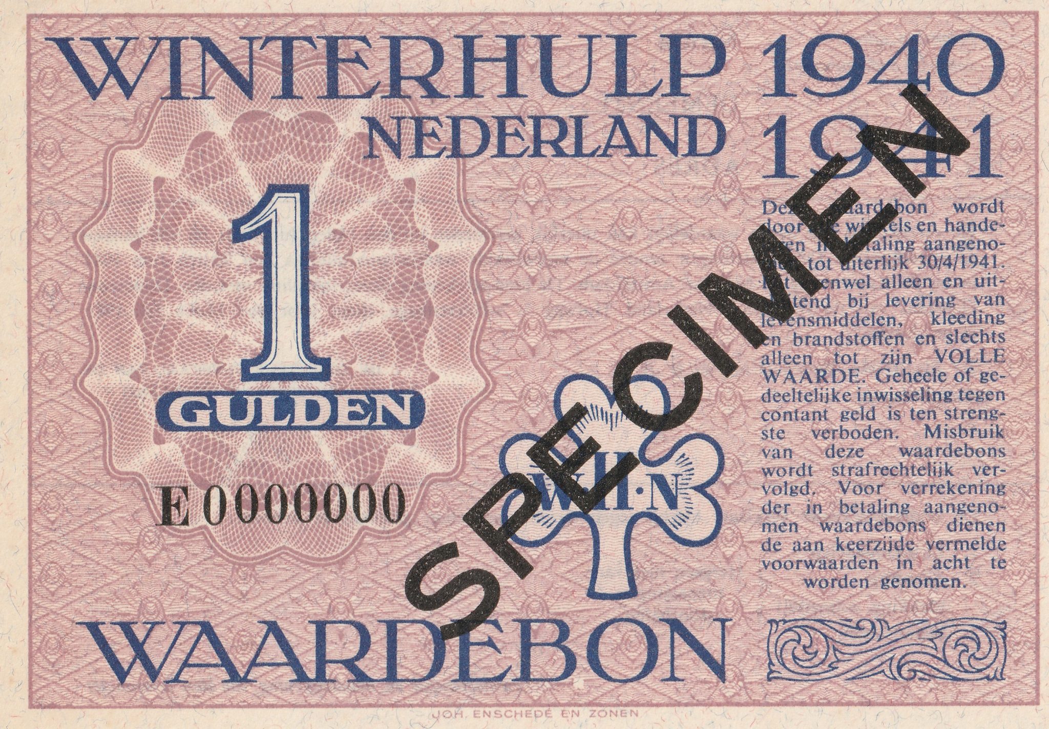 Winterhulp Nederland 1940-1941 (WHN) 1 Gulden Waardebon (Specimen)