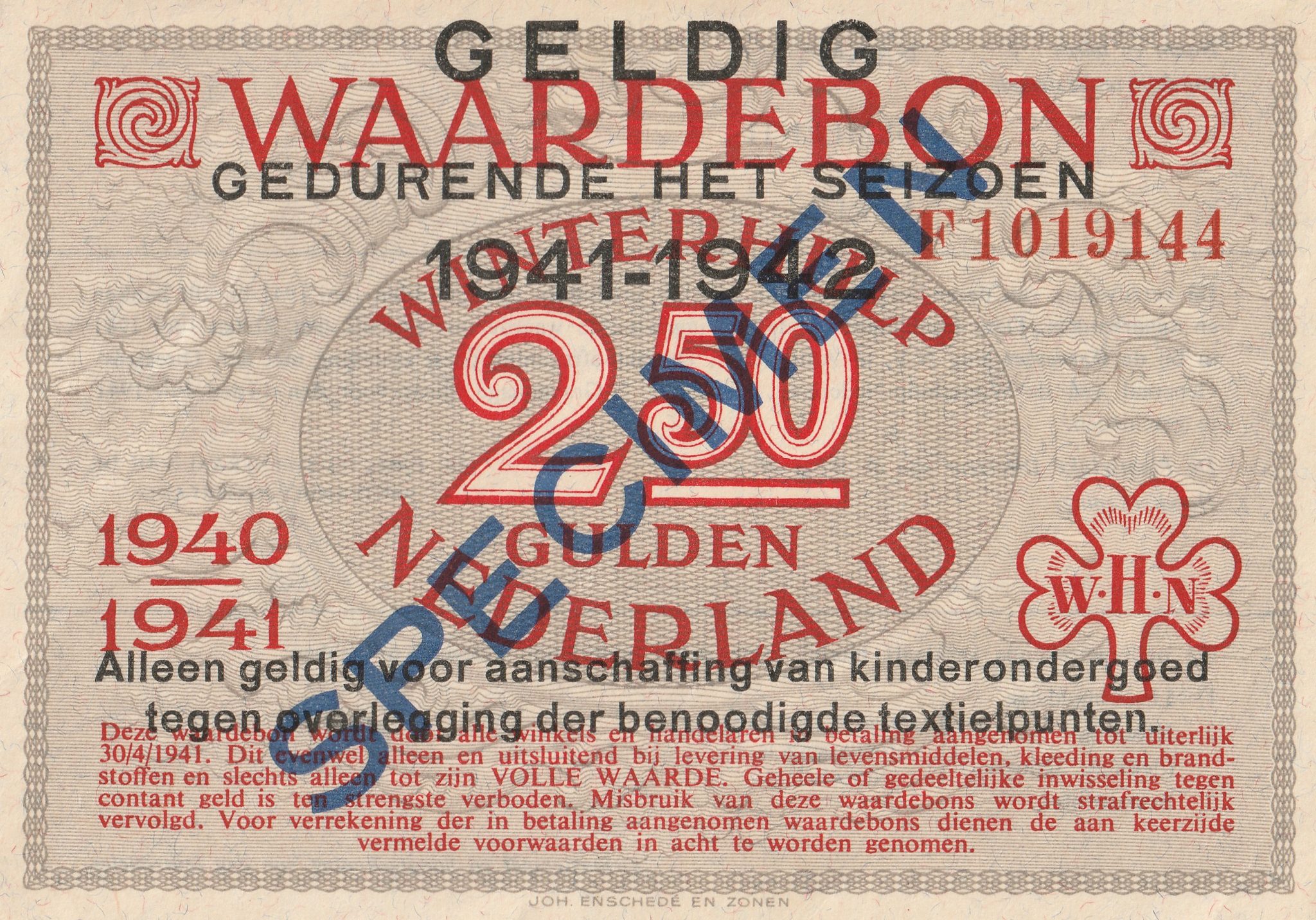 Winterhulp Nederland 1940-1941 (WHN) 2,50 Gulden Waardebon (Specimen)