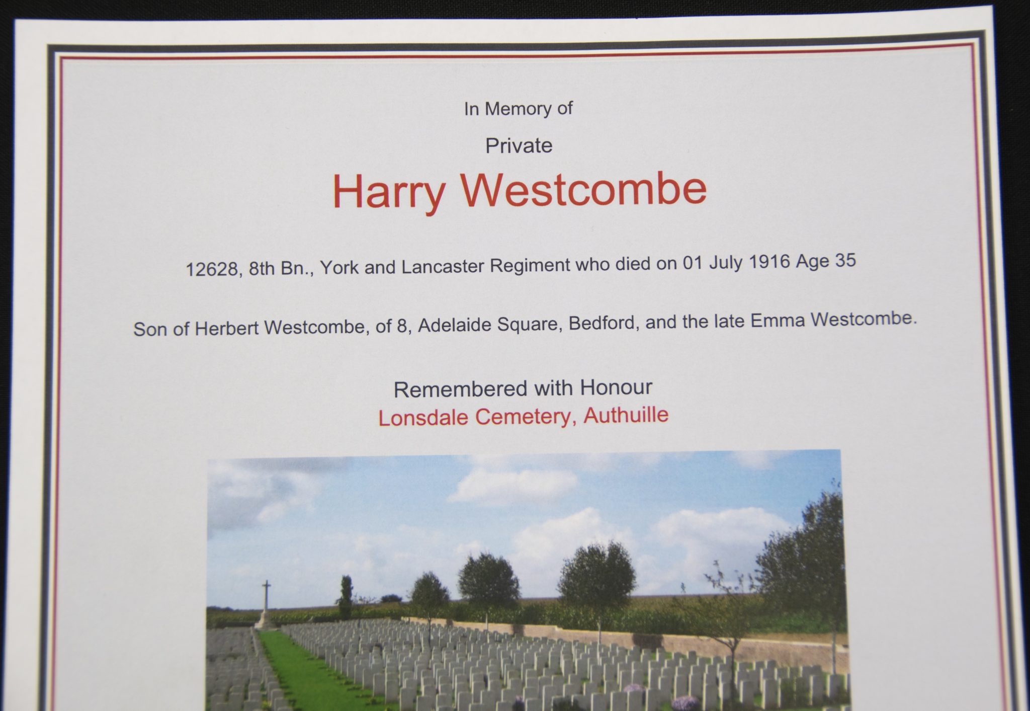 (British Army) First Day of the Somme 1 July 1916 - Victory medal of Private Harry Westcombe, 12628, 8th Bn., York and lancaster Regiment - Image 3