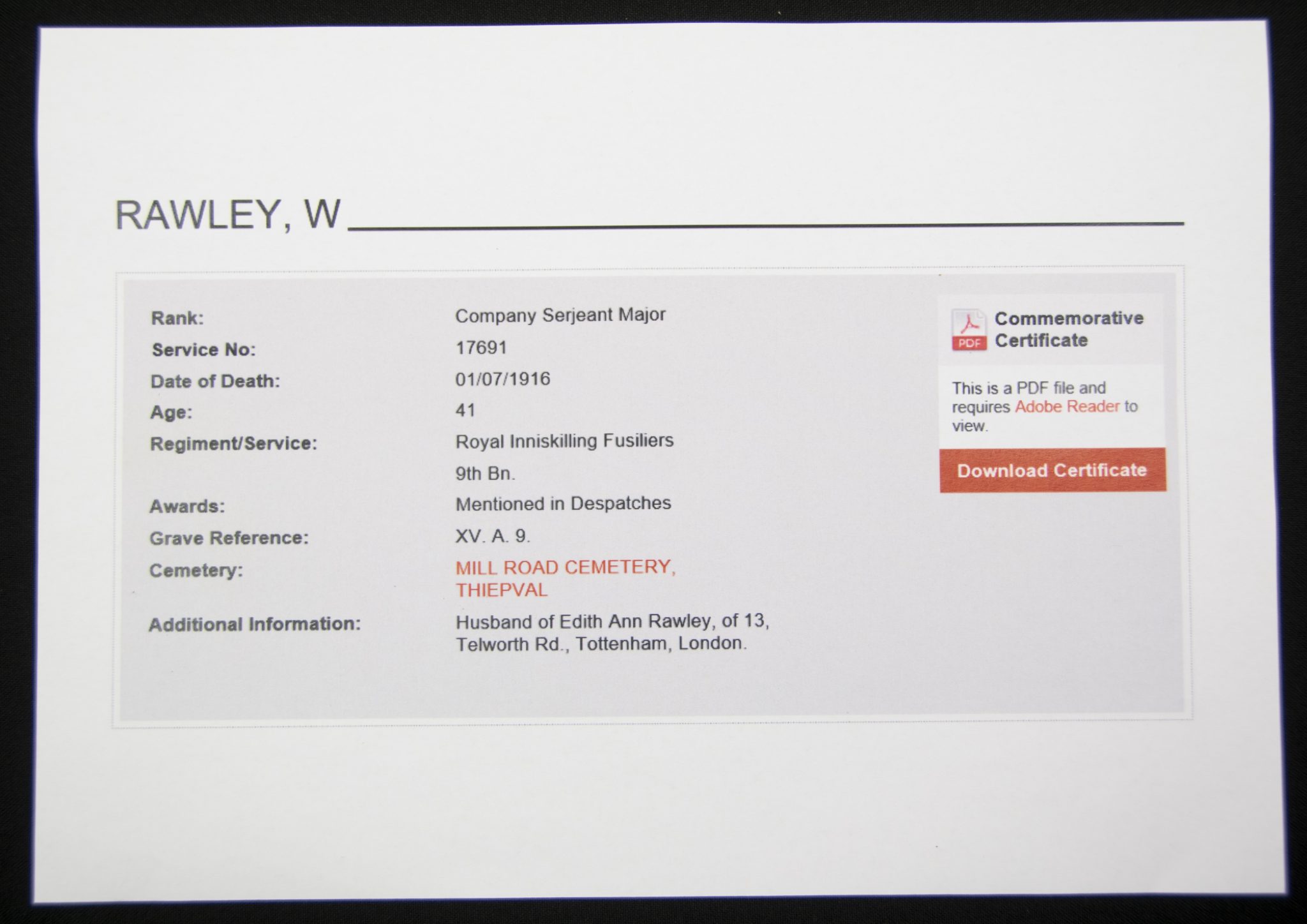 (British Army) First Day of the Somme 1 July 1916 - 1914-15 Star of Company Serjeant Major William Rawley, 17691, 9th Bn., Royal Inniskilling Fusiliers - Image 11