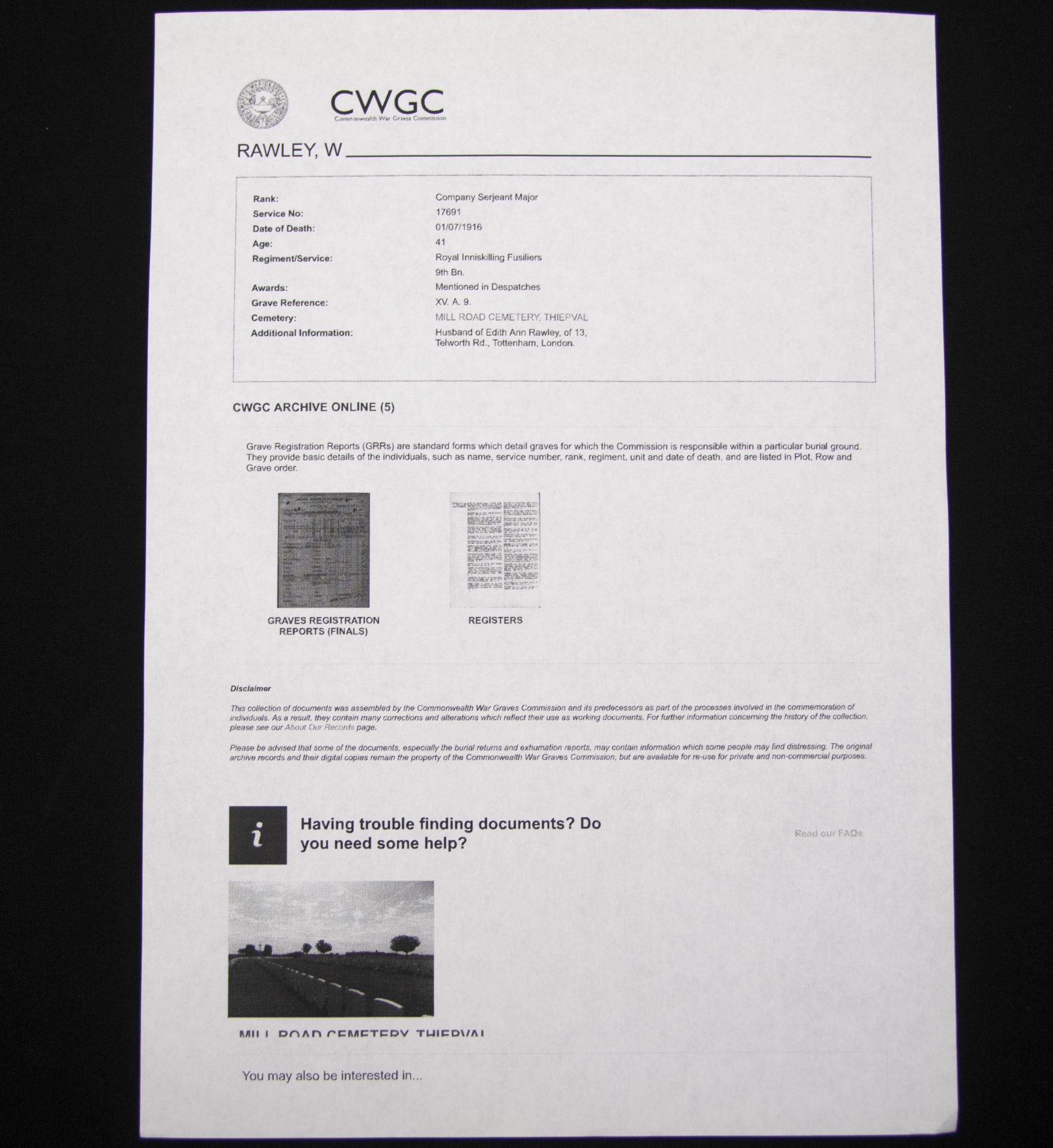 (British Army) First Day of the Somme 1 July 1916 - 1914-15 Star of Company Serjeant Major William Rawley, 17691, 9th Bn., Royal Inniskilling Fusiliers - Image 29