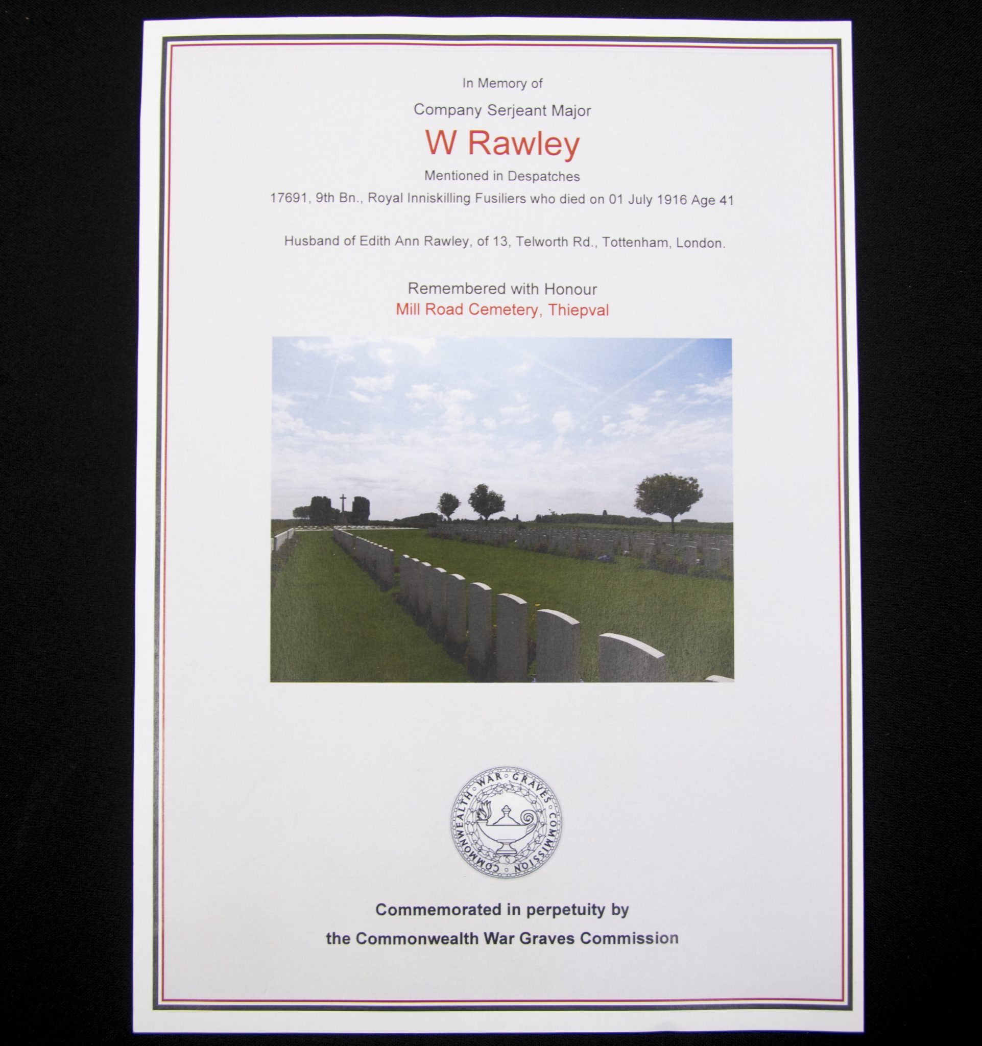 (British Army) First Day of the Somme 1 July 1916 - 1914-15 Star of Company Serjeant Major William Rawley, 17691, 9th Bn., Royal Inniskilling Fusiliers - Image 7