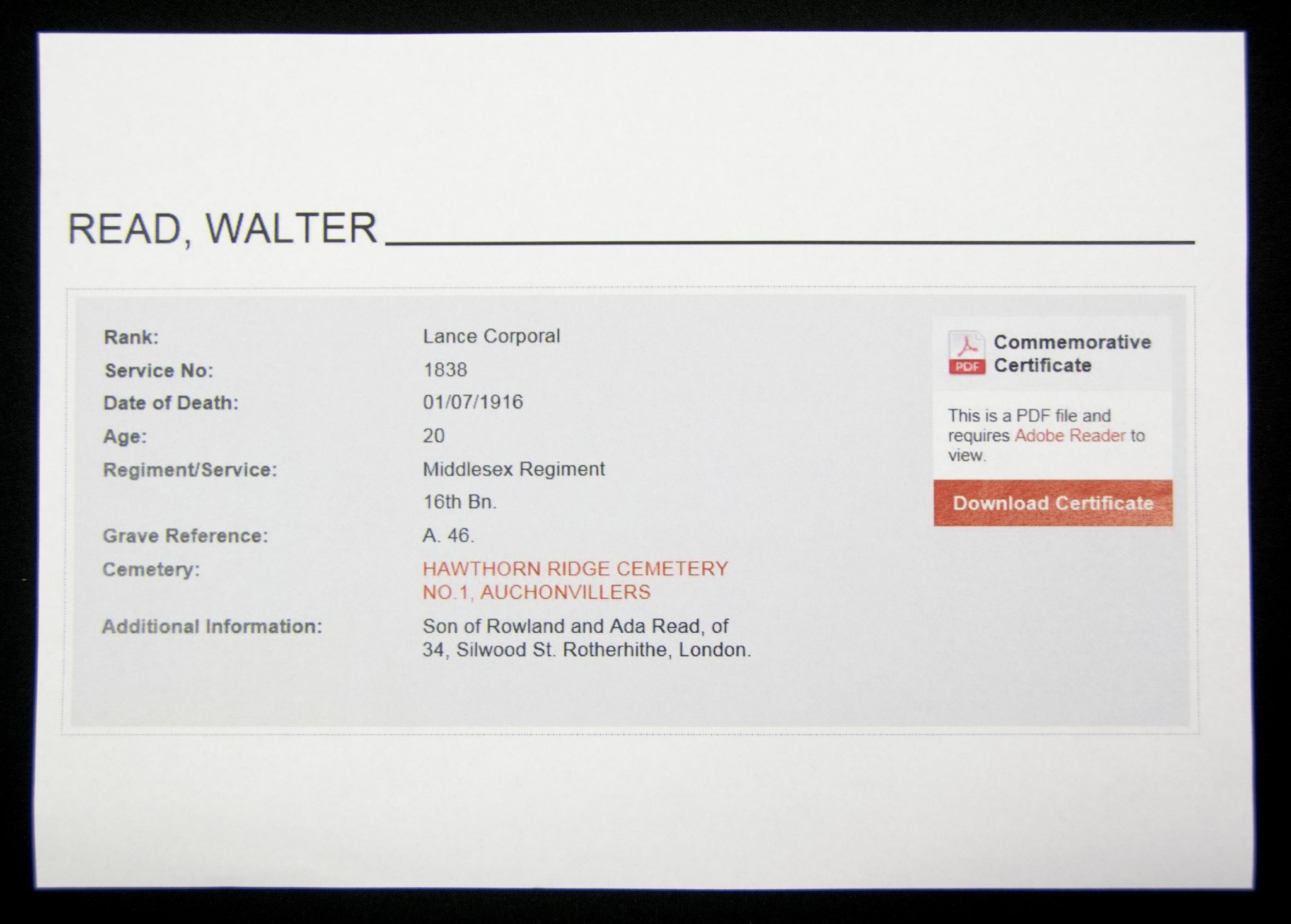 (British Army) First Day of the Somme 1 July 1916 - 1914-15 Star of Lance Corporal Walter Read, 1838, 16th Bn., Middlesex Regiment - Image 14