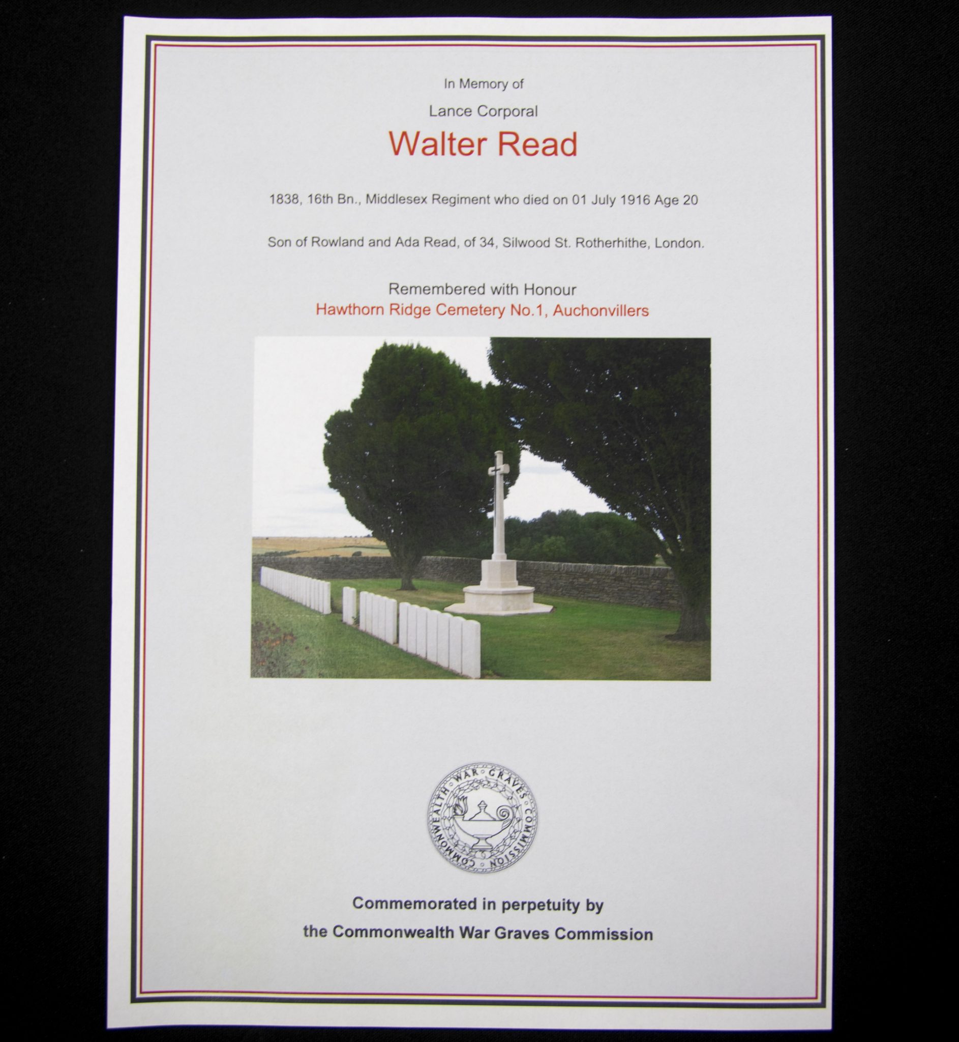 (British Army) First Day of the Somme 1 July 1916 - 1914-15 Star of Lance Corporal Walter Read, 1838, 16th Bn., Middlesex Regiment - Image 7