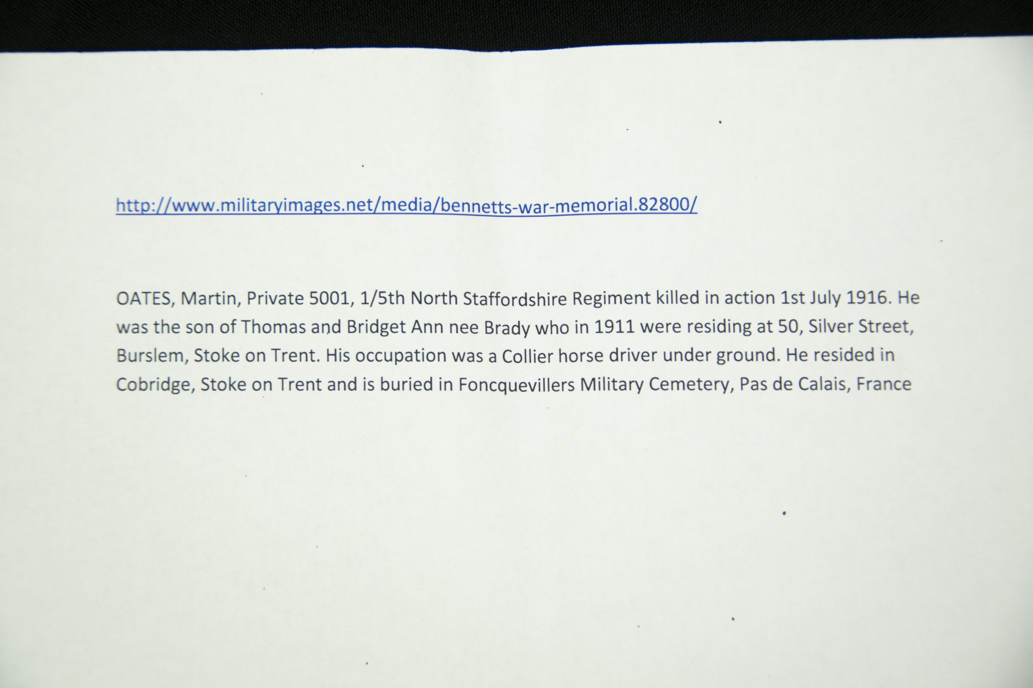 (British Army) First Day of the Somme 1 July 1916 - 1914-15 Star of Private Martin Oates, 5001, 5th Bn., North Staffordshire Regiment - Image 15