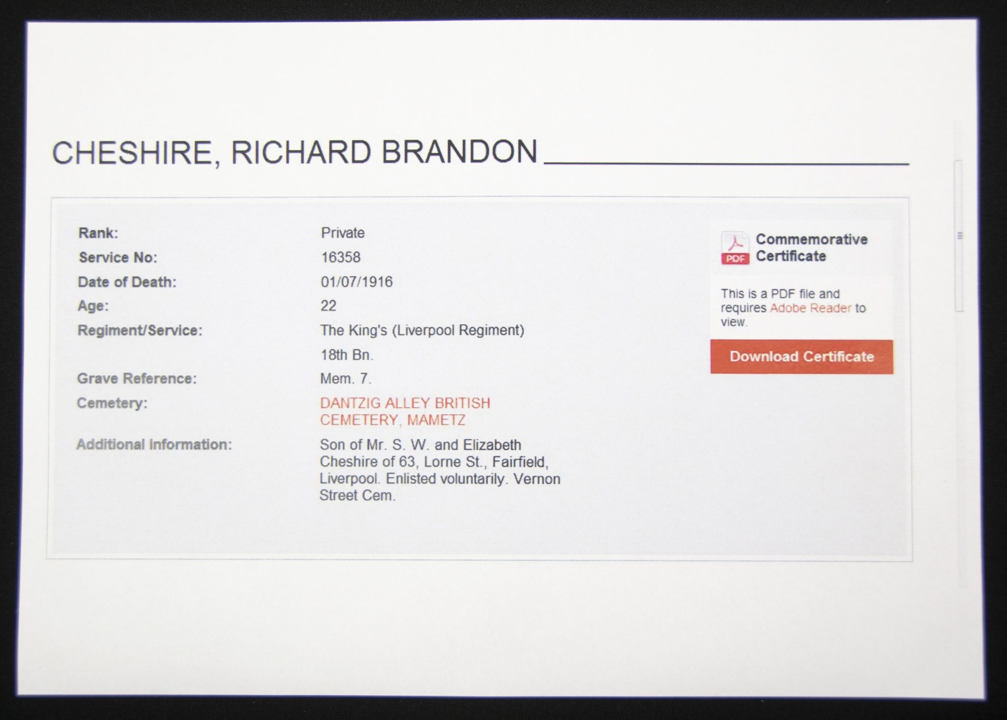 (British Army) First Day of the Somme 1 July 1916 - 1914-15 Star of Private Richard Brandon Chesire, 16358, 18th Bn., The King's Liverpool Regiment - Image 16