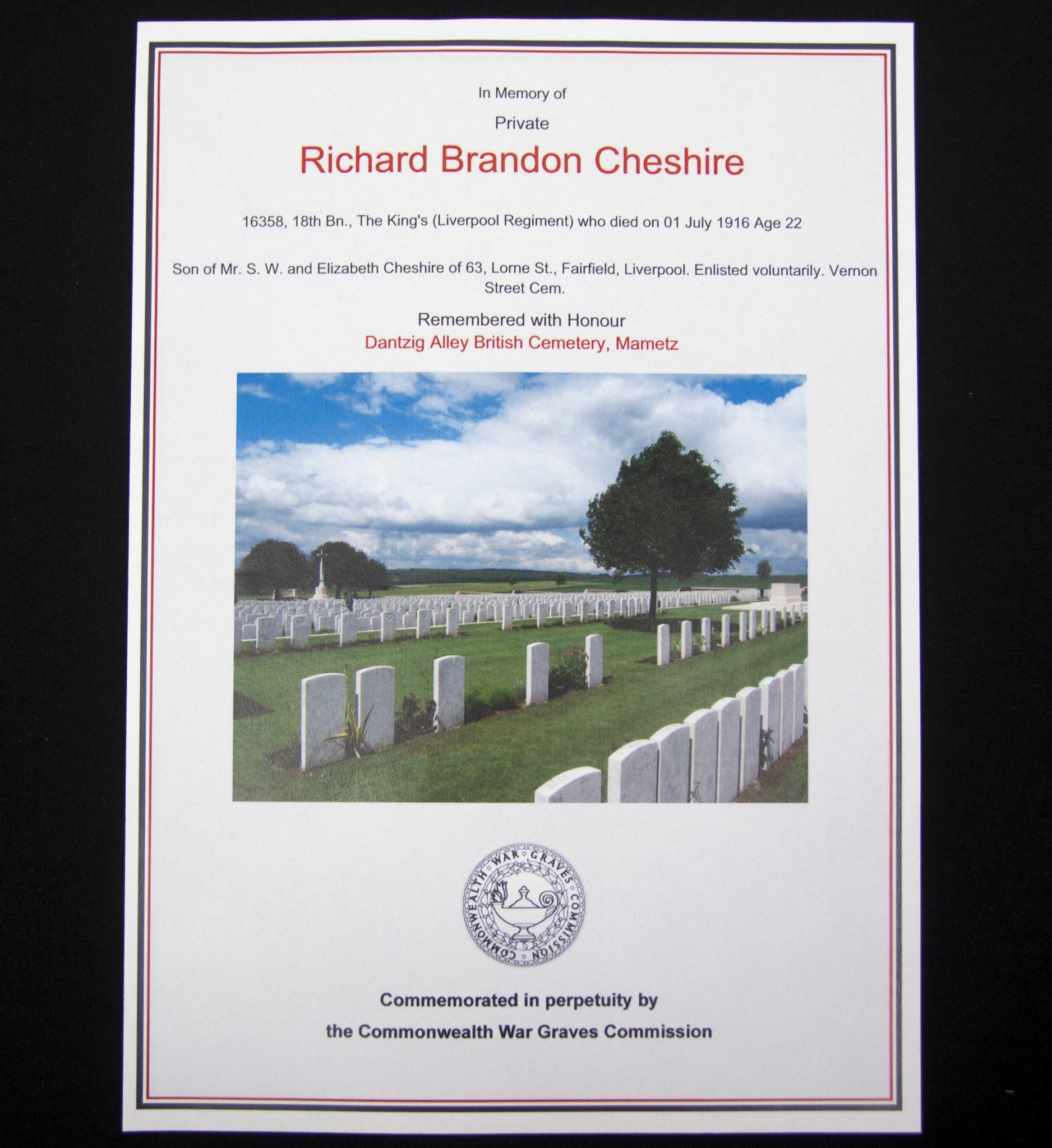 (British Army) First Day of the Somme 1 July 1916 - 1914-15 Star of Private Richard Brandon Chesire, 16358, 18th Bn., The King's Liverpool Regiment - Image 8