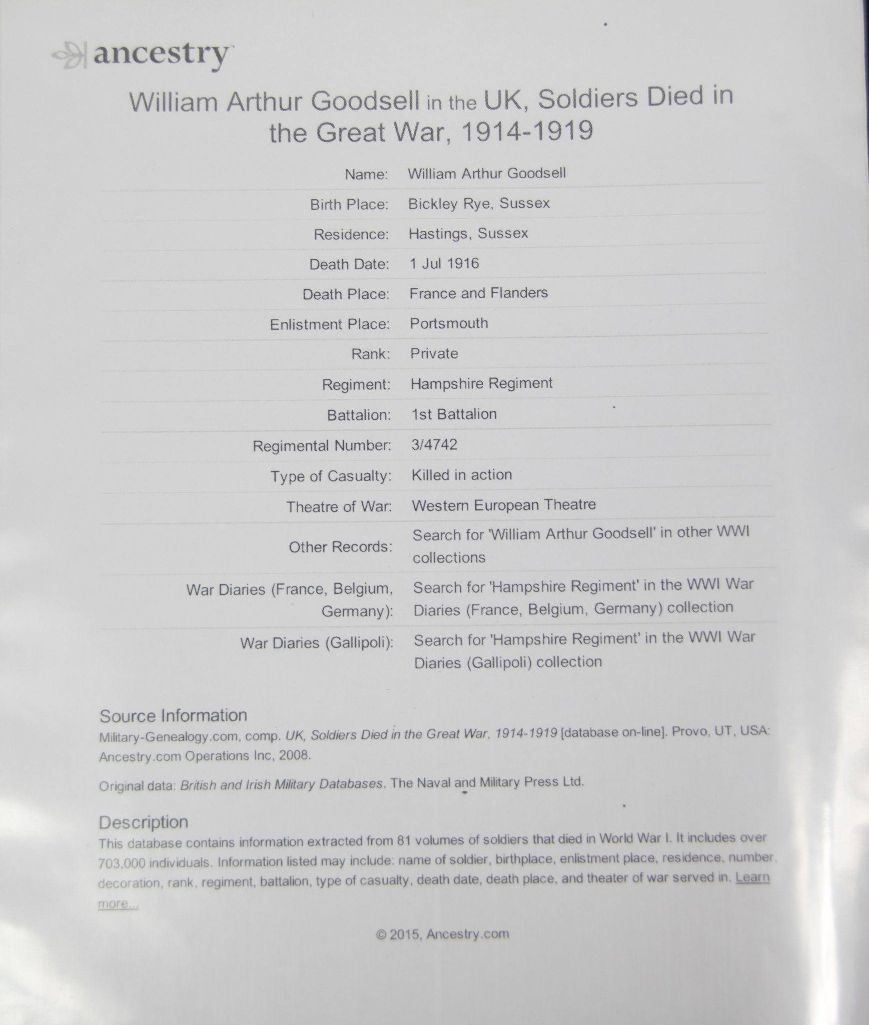 (British Army) First Day of the Somme 1 July 1916 - 1914-15 Star of Private William Arthur Goodsell, 3/4742, 1st Bn., Hampshire Regiment - Image 25