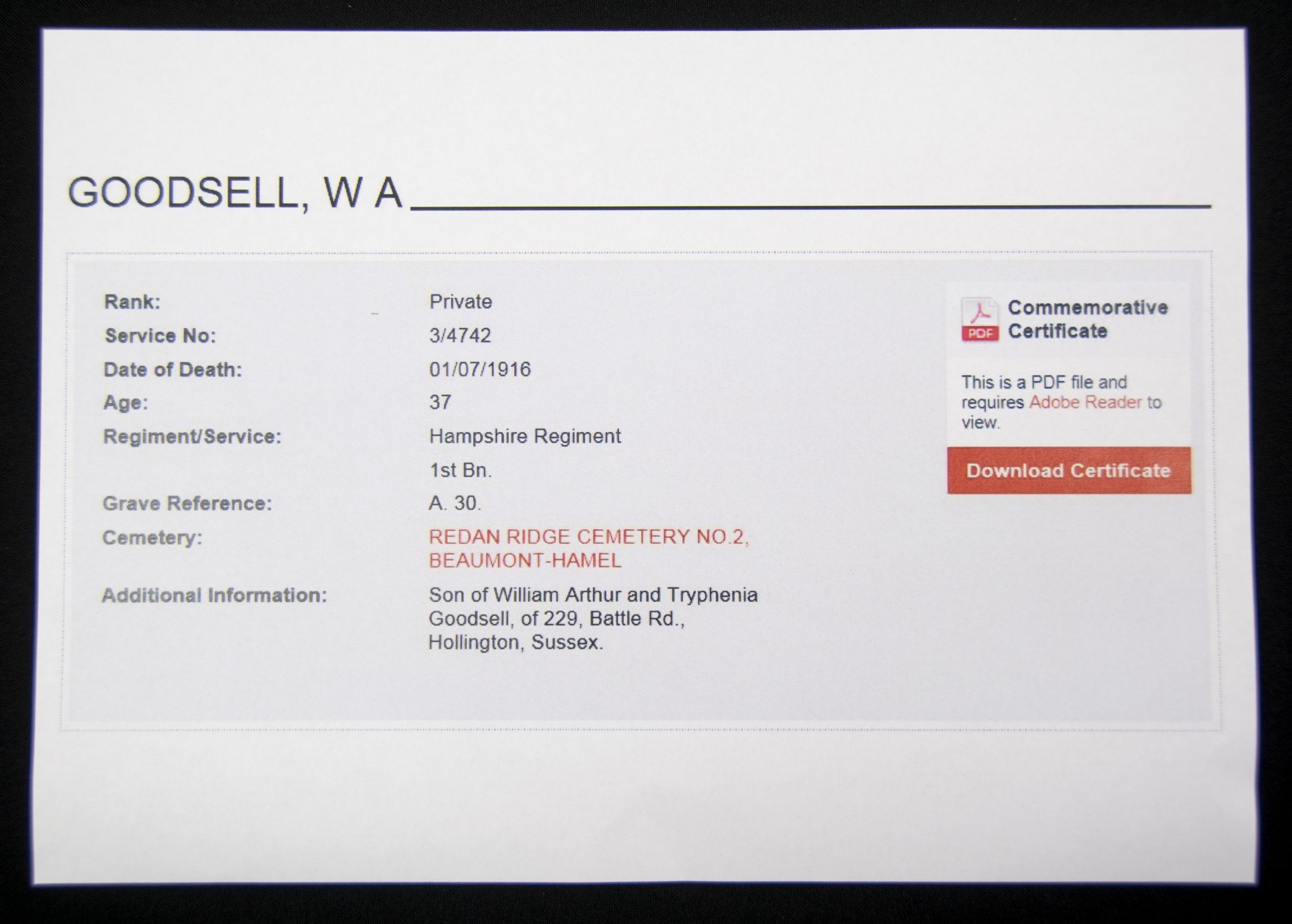 (British Army) First Day of the Somme 1 July 1916 - 1914-15 Star of Private William Arthur Goodsell, 3/4742, 1st Bn., Hampshire Regiment - Image 10