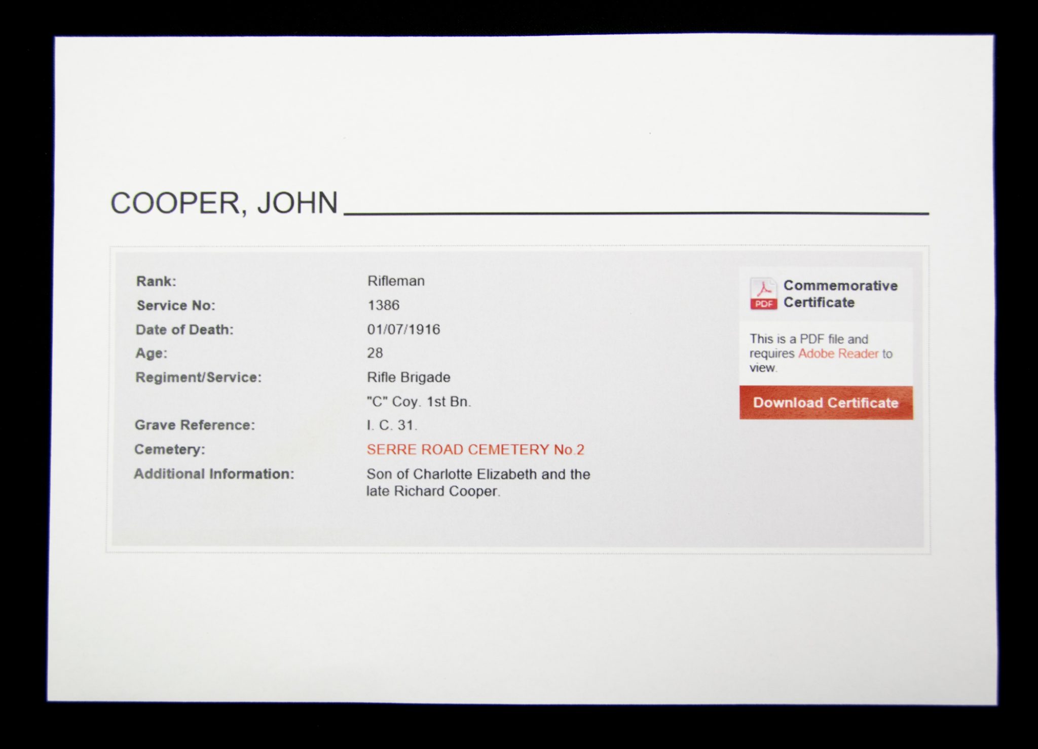 (British Army) First Day of the Somme 1 July 1916 - 1914 Star of Rifleman John Cooper, 1386, "C" Coy. 1st Bn., Rifle Brigade - Image 11