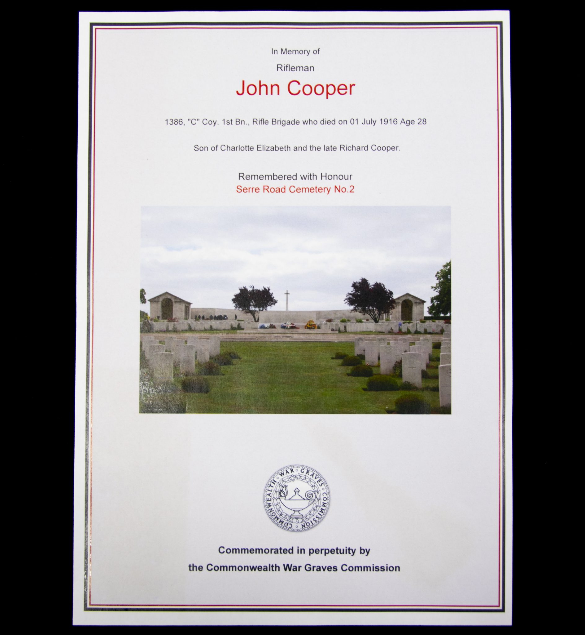 (British Army) First Day of the Somme 1 July 1916 - 1914 Star of Rifleman John Cooper, 1386, "C" Coy. 1st Bn., Rifle Brigade - Image 8