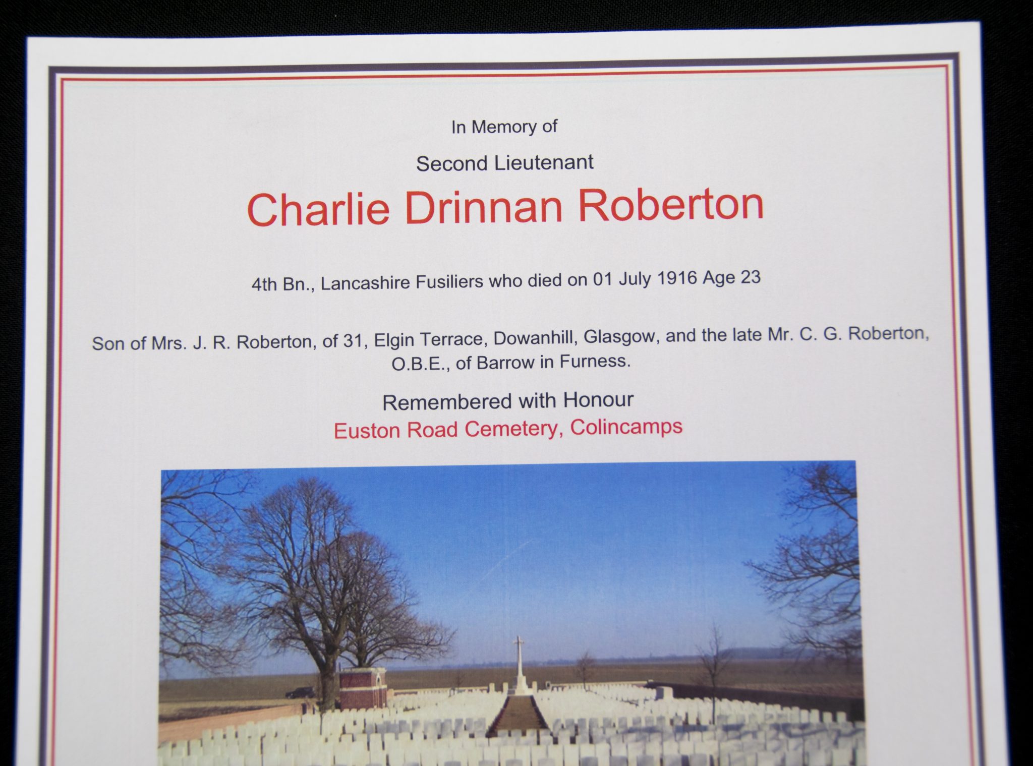 (British Army) First Day of the Somme 1 July 1916 - 1914-15 Star of Second Lieutenant Charlie Drinnan Robertson 4th Bn., Lancashire Fusiliers - Image 3