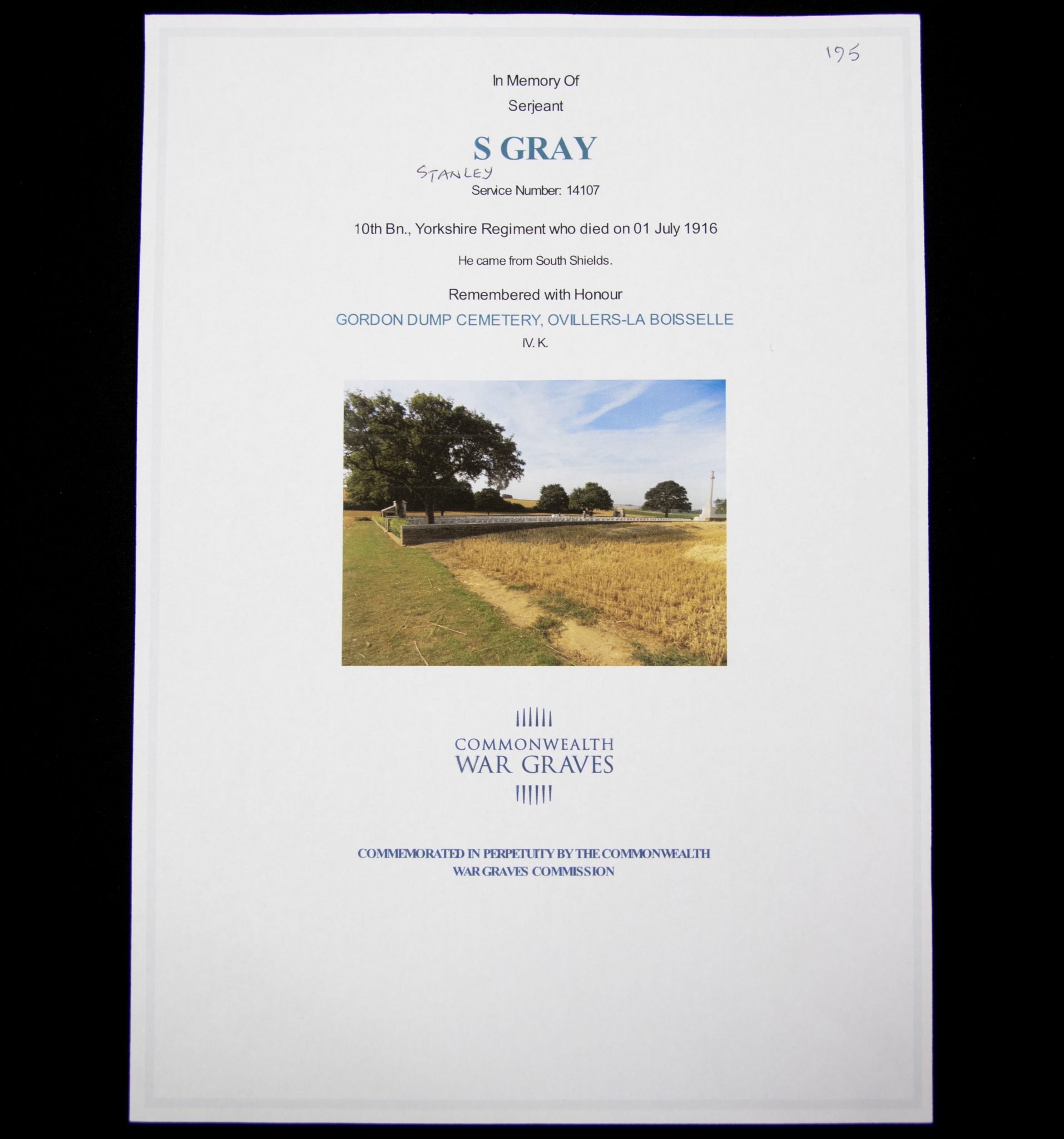 (British Army) First Day of the Somme 1 July 1916 - 1914-15 Star of Serjant Stanley Gray, 14107, 10th Bn., Yorkshire Regiment - Image 7