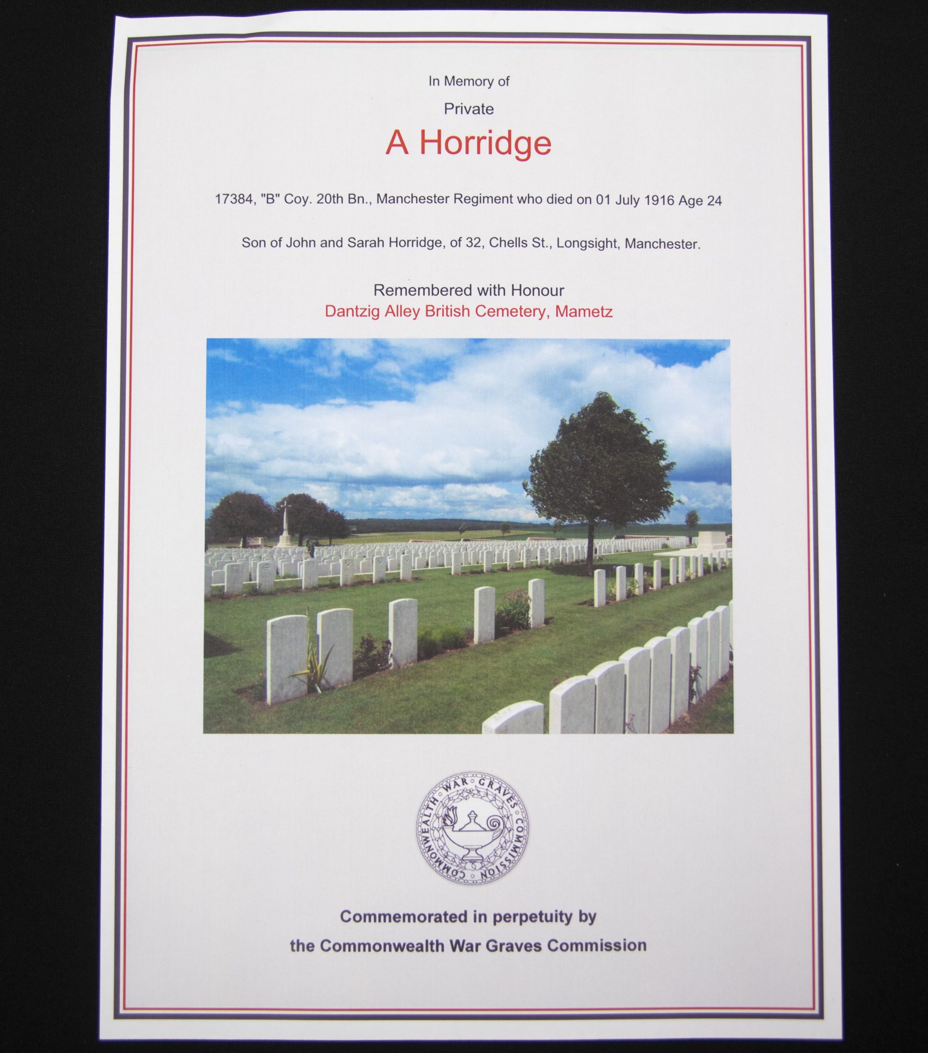 (British Army) First Day of the Somme 1 July 1916 - Brittish War Medal of Private A Horridge, 17384, B Coy. 20th Bn., Manchester Regiment