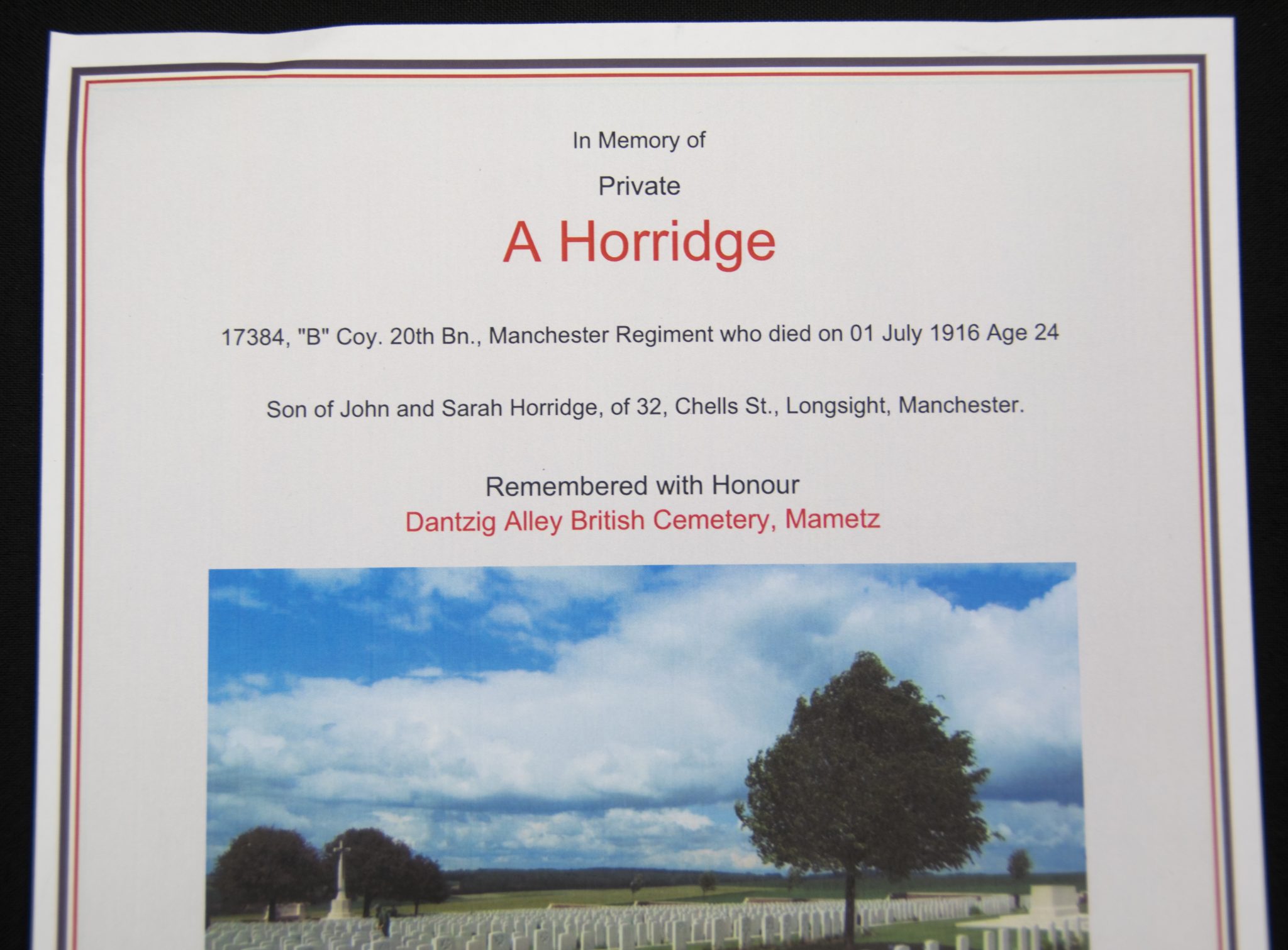 (British Army) First Day of the Somme 1 July 1916 - Brittish War Medal of Private A Horridge, 17384, B Coy. 20th Bn., Manchester Regiment