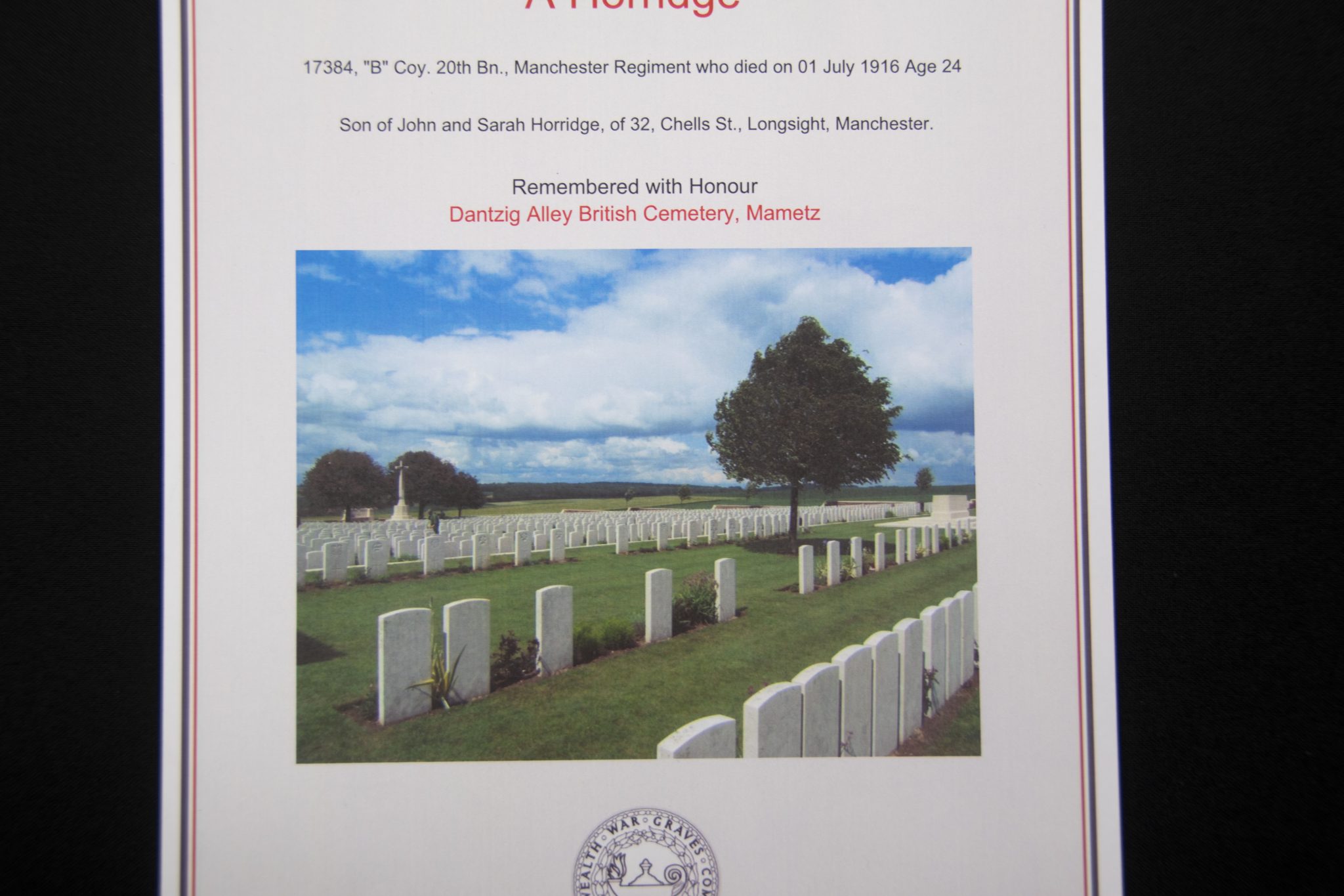 (British Army) First Day of the Somme 1 July 1916 - Brittish War Medal of Private A Horridge, 17384, B Coy. 20th Bn., Manchester Regiment