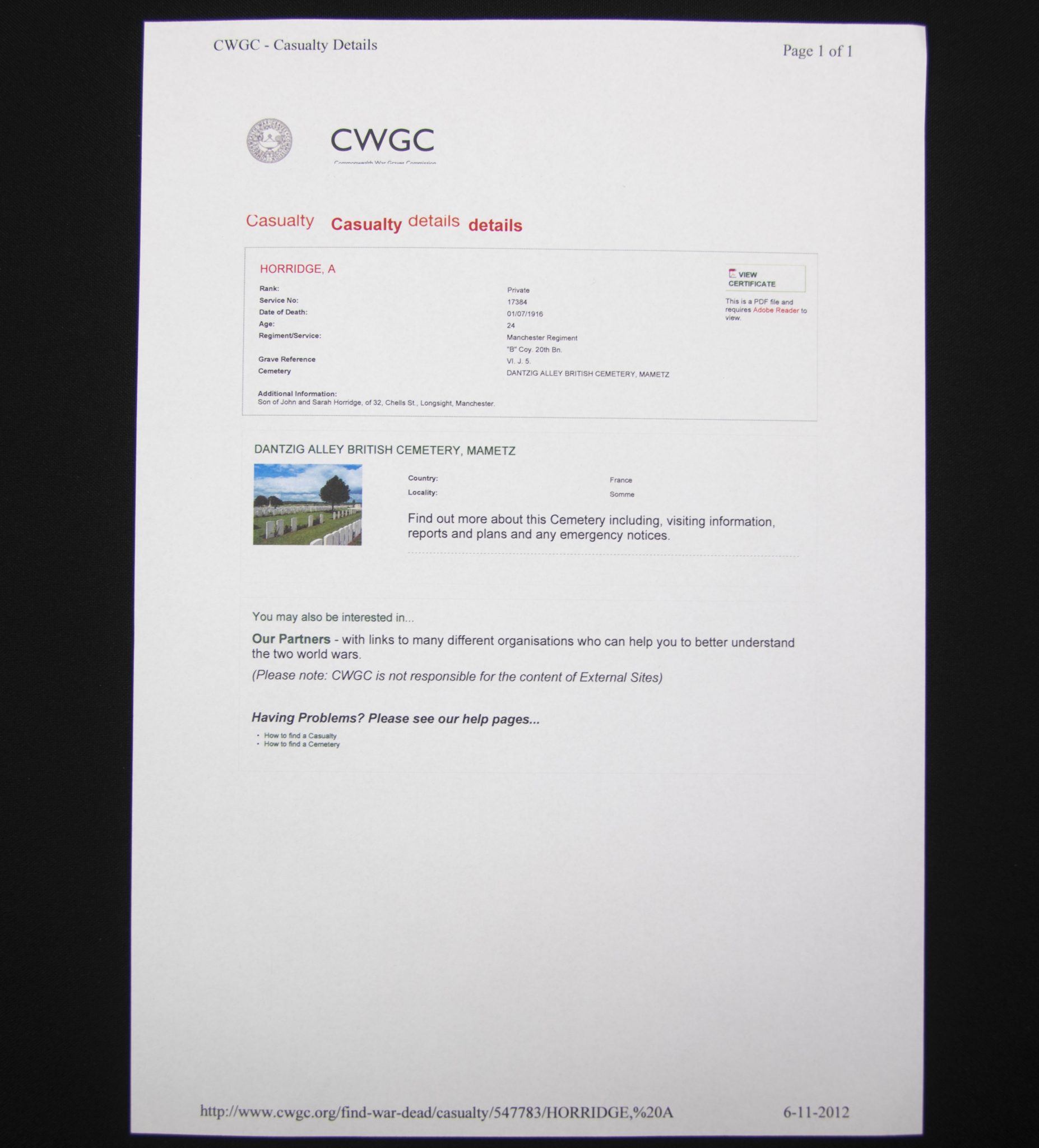 (British Army) First Day of the Somme 1 July 1916 - Brittish War Medal of Private A Horridge, 17384, B Coy. 20th Bn., Manchester Regiment