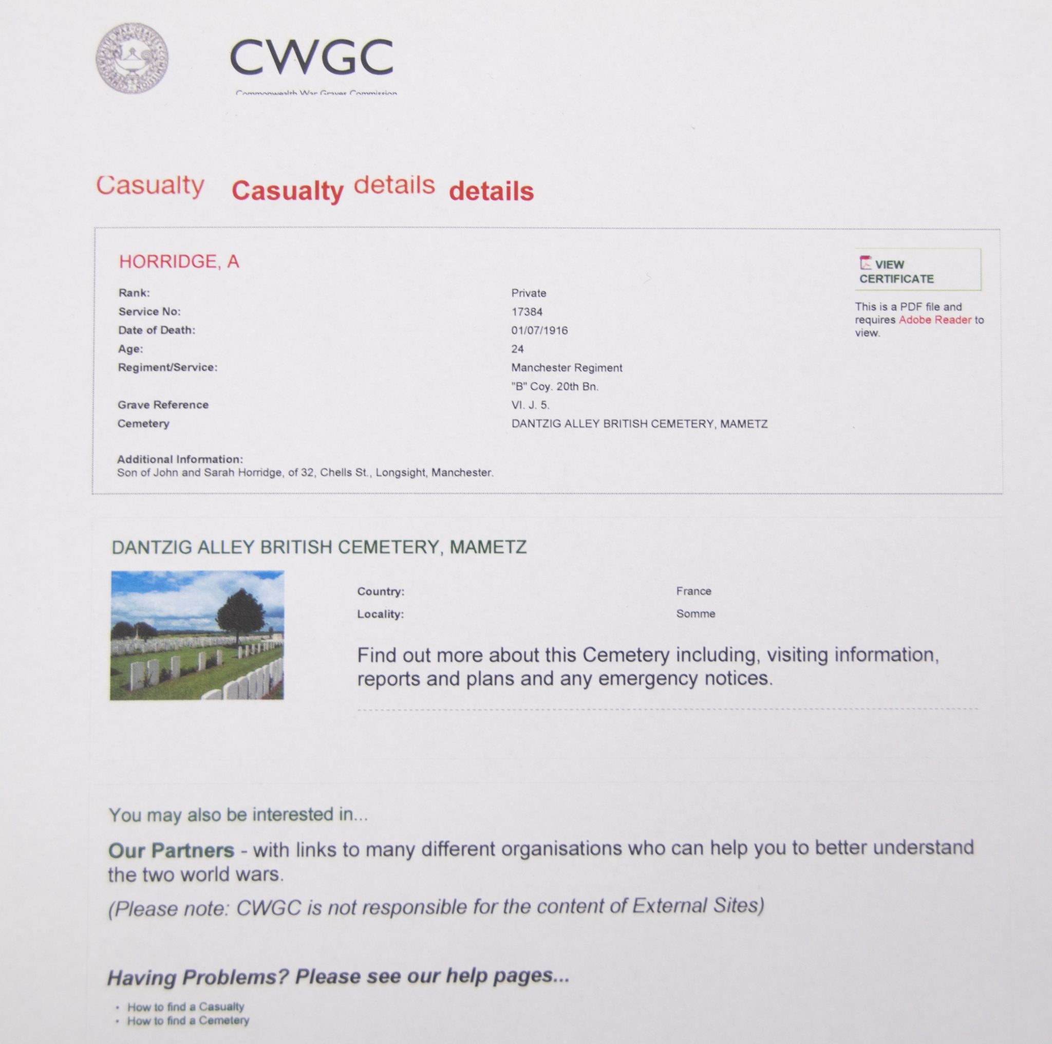 (British Army) First Day of the Somme 1 July 1916 - Brittish War Medal of Private A Horridge, 17384, B Coy. 20th Bn., Manchester Regiment