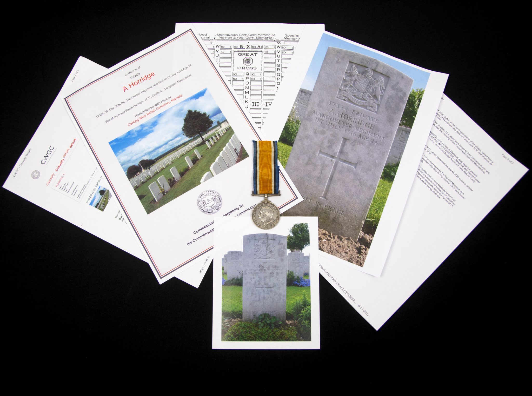 (British Army) First Day of the Somme 1 July 1916 - Brittish War Medal of Private A Horridge, 17384, B Coy. 20th Bn., Manchester Regiment