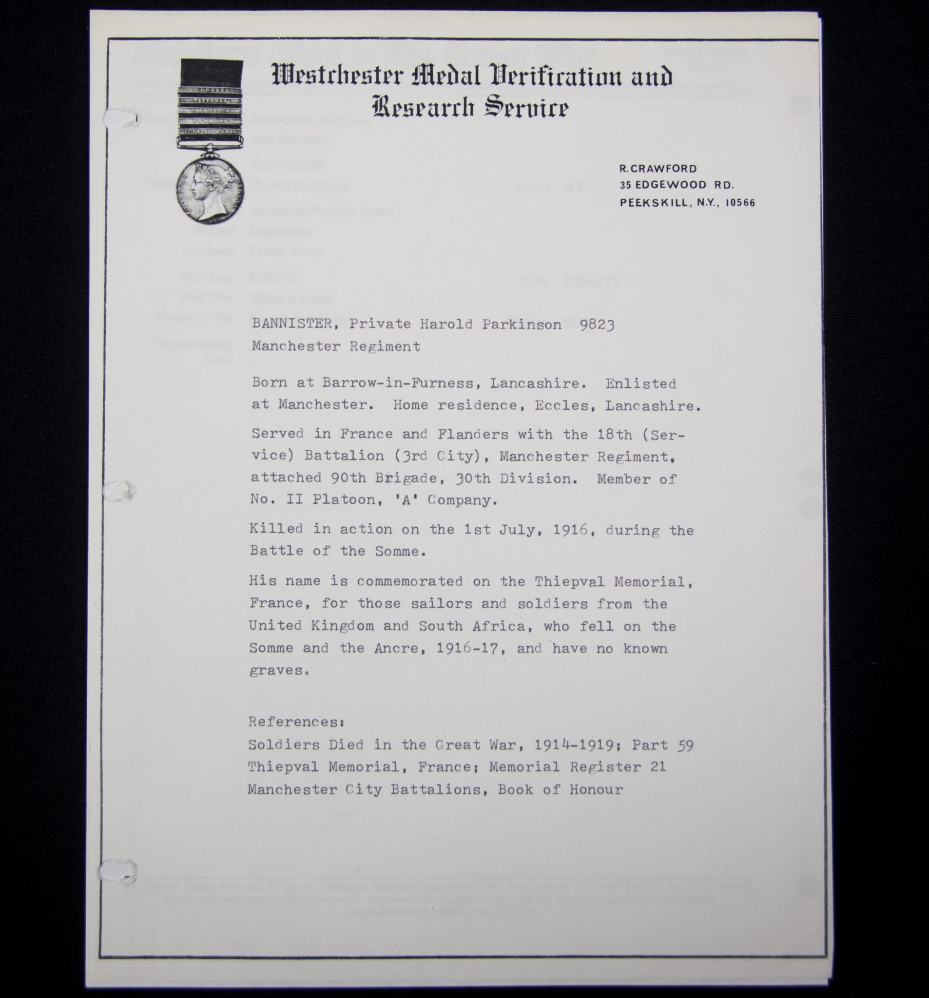 (British Army) First Day of the Somme 1 July 1916 - Brittish War Medal of Private Harold Parkinson Bannister, 9823, 18th Bn., Manchester Regiment - Image 16